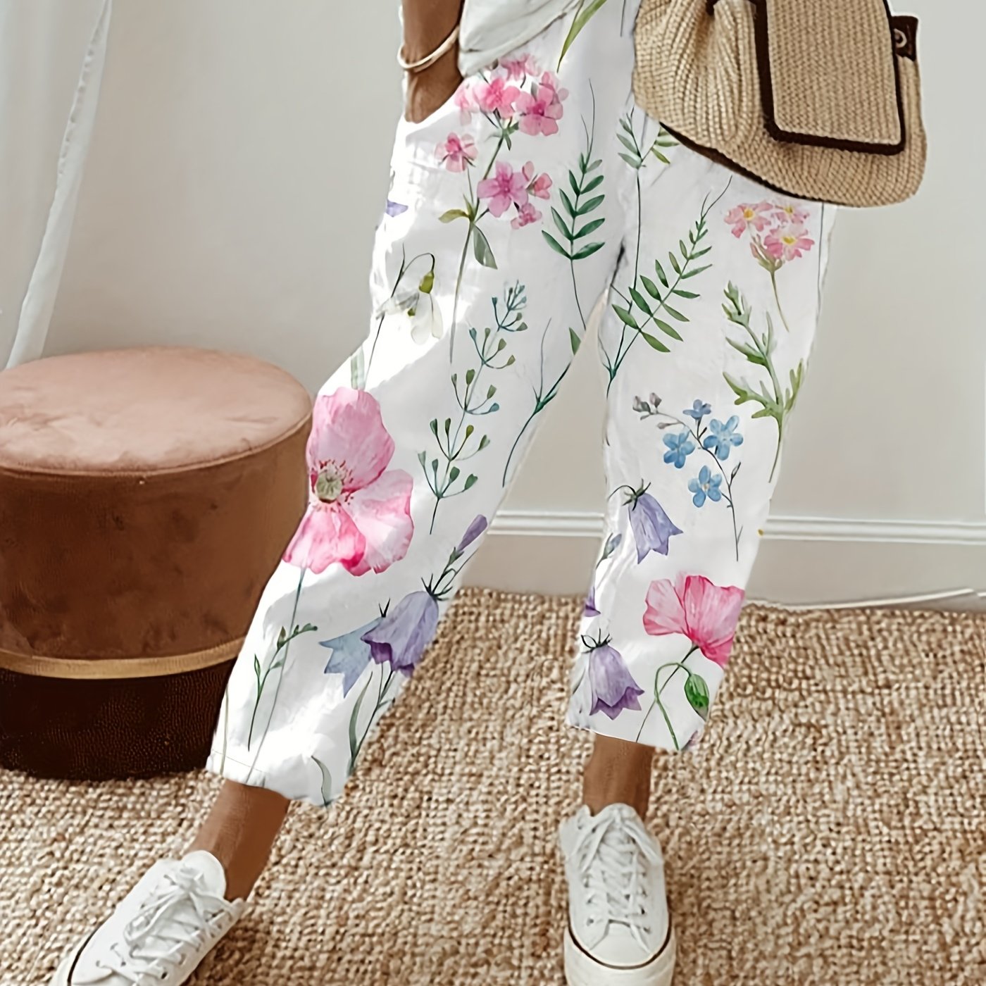 Plus Size, Plus-size Women's Vacation-style Versatile Random Print Straight-leg Pants
