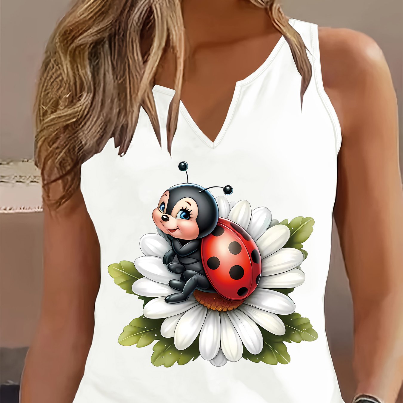 TEMU (052#) Women's Fashion Refreshing Tank Top, Cute Ladybug And Daisy Print V-neck Vest, Casual Versatile Breathable Sleeveless Top