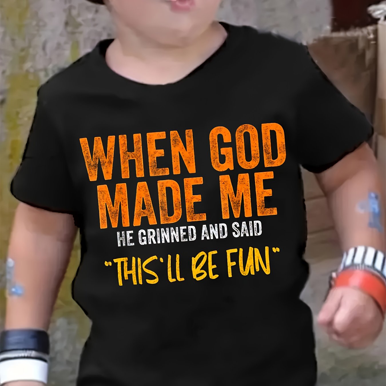 Boys&#39; Trendy Short Sleeve T-Shirt - Fun Letter Print &quot;When God Made Me&quot; Design, Comfortable Polyester Casual Summer Top for Youngsters, Tween Boy Clothes