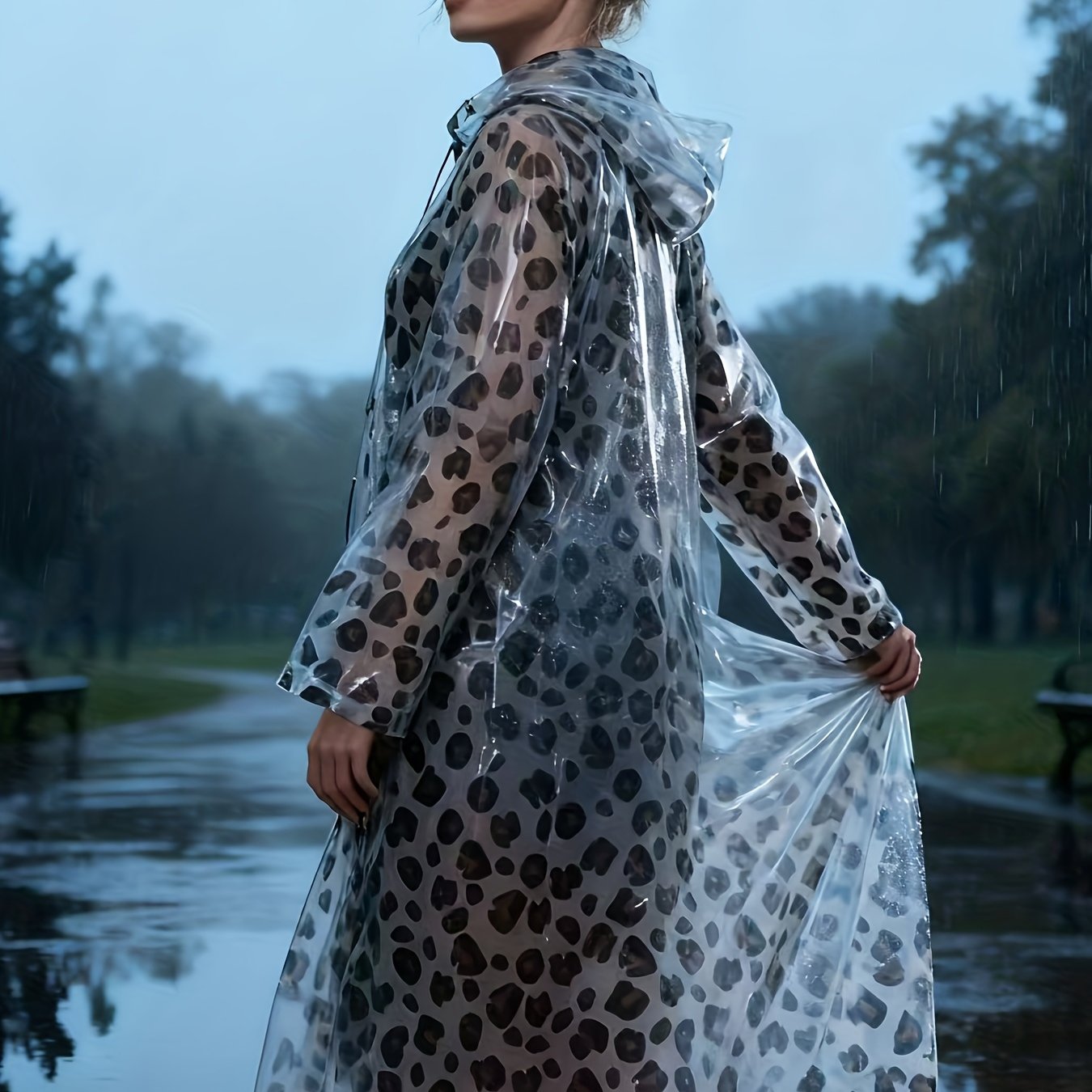 TEMU Fashionable Leopard Print Raincoat - Lightweight And Portable, Made Of Eva Material, With Adjustable Hood, One-piece Design, Suitable For
