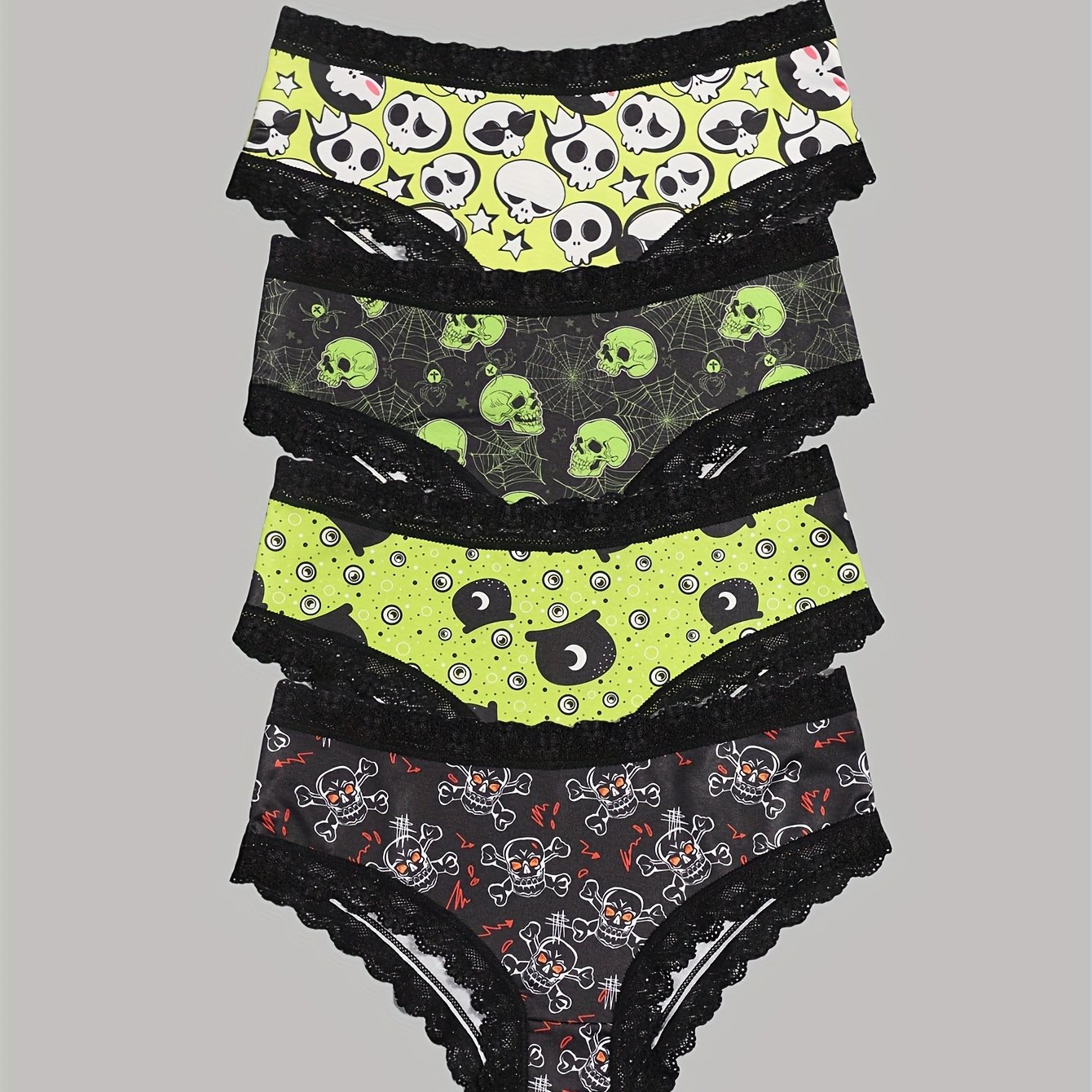 E-shop 4er-Pack Sexy Niedliche Gothic Damen Spitze Hipster Slips, Halloween Schwarz Grün Rosa Totenschädel & Augen & Fledermäuse & Geister & Spinnen