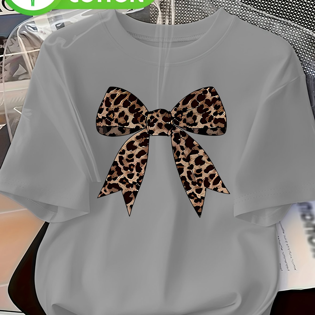 Image of Plus Size, Women's Plus Size Leopard Print Top Bow, Printed Round Neck Short Sleeve Pure Casual Top