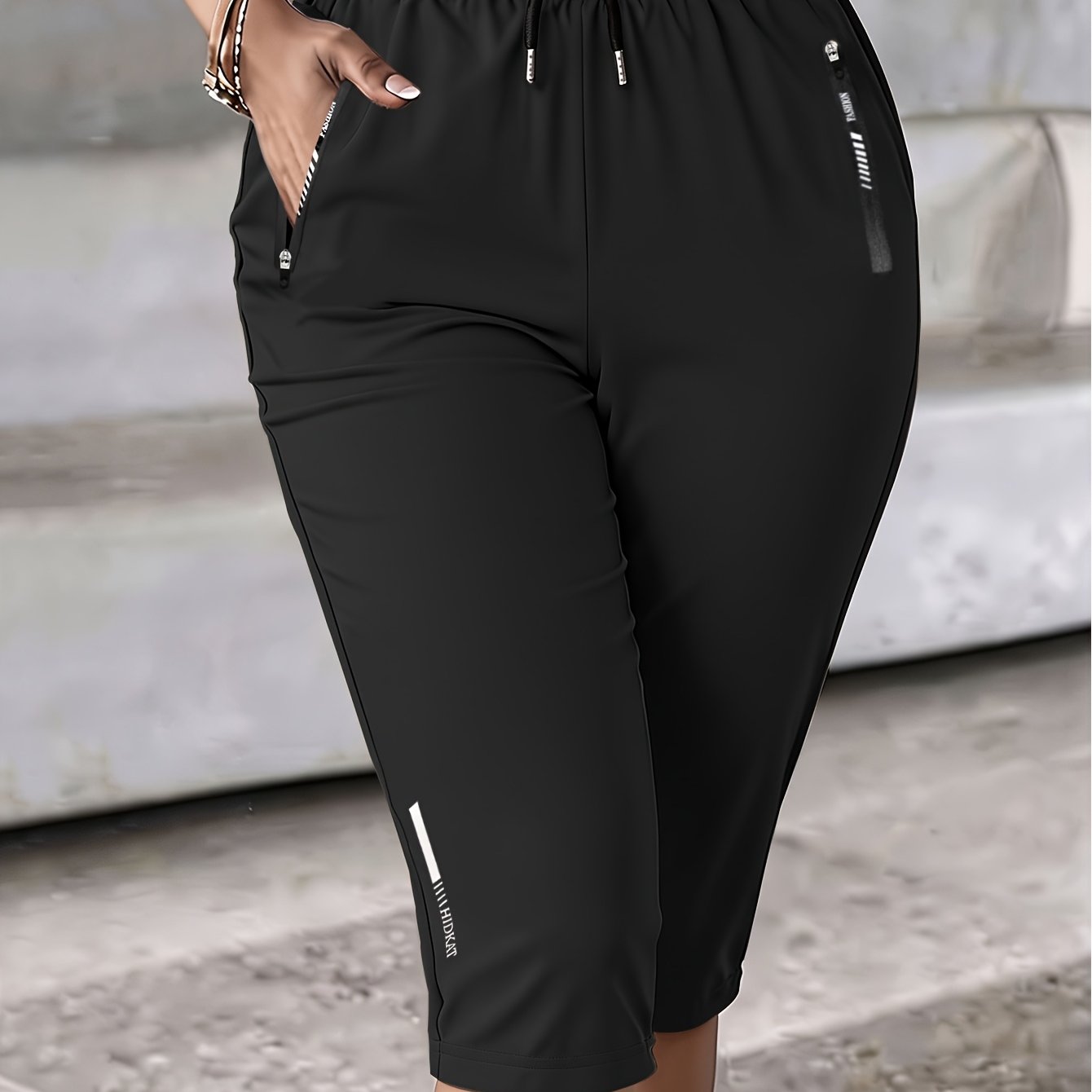 TEMU Women's Summer Casual Cropped Shorts With Elastic Waist, Drawstring, Zipper Pockets, Y2k Print, Reflective Logo, Lightweight And Breathable