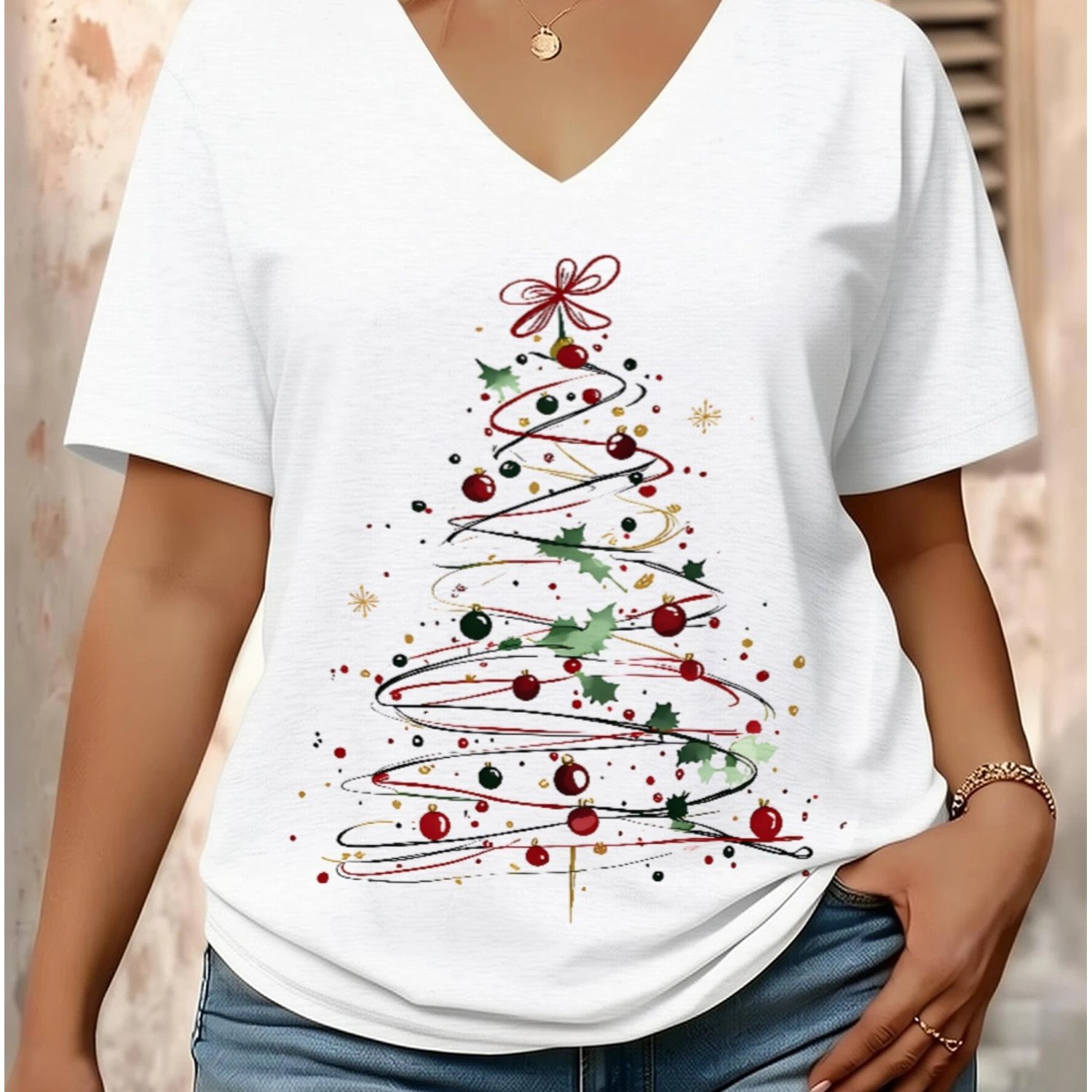 TEMU Plus Size - Women's Plus Size V-neck T-shirt With Whimsical Abstract Christmas Tree Print, Festive , Suitable For Christmas Season, Casual Wear,
