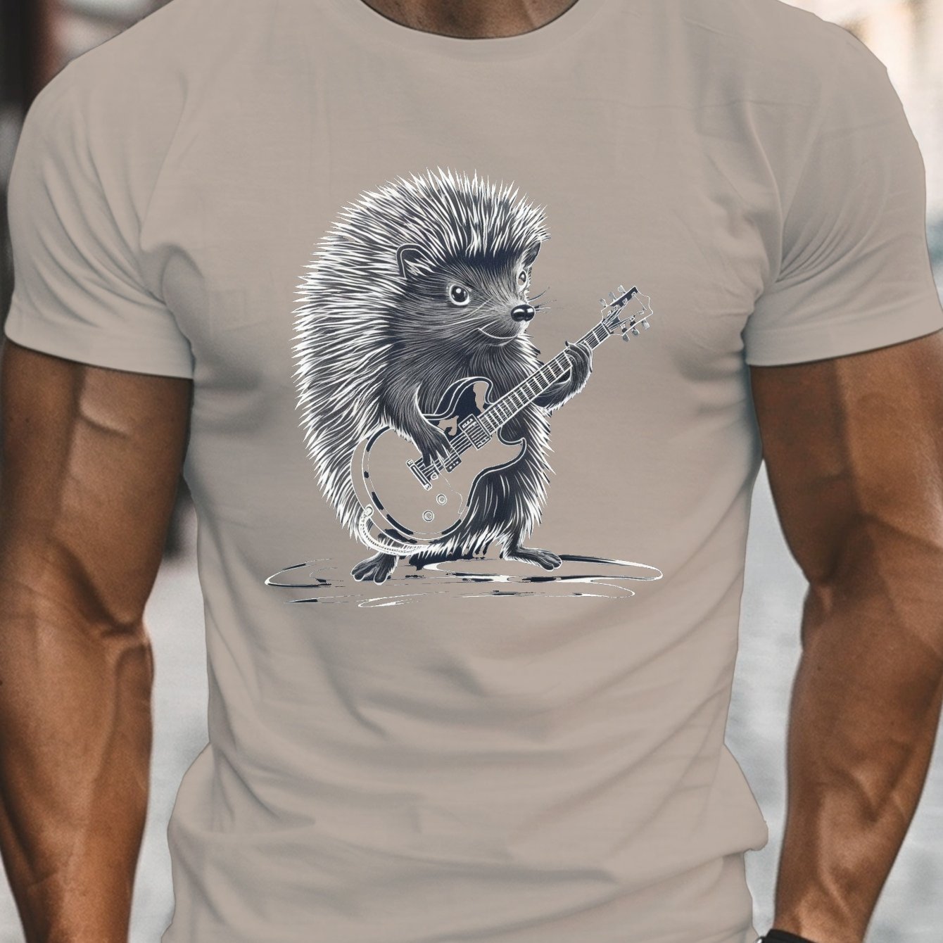 TEMU T-shirt décontracté pour homme avec imprimé de guitare hérisson, 100 % polyester, col rond, manches courtes, tissu tricoté d'été légèrement