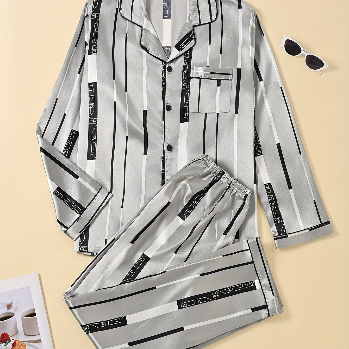 E-shop 2-teiliges bedrucktes Schlafanzug-Set für Herren, bedruckter langärmeliger Pyjama mit langer Hose für Herren, bedruckte Freizeitkleidung für