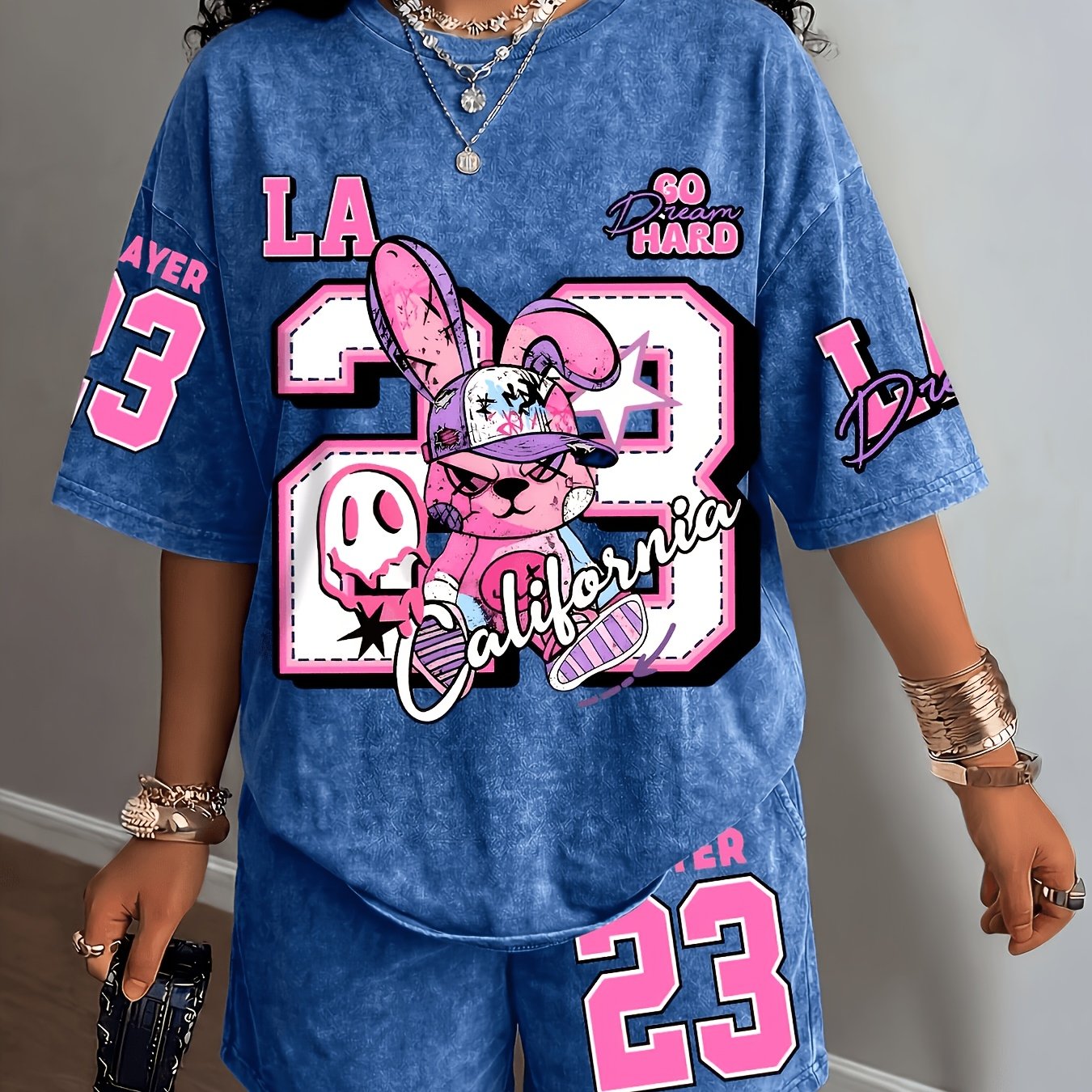TEMU Plus Size - Cartoon Trendy And Number 23 Print Summer Casual Jersey, Street Style Round Neck Short Sleeve T-shirt And Shorts 2pcs Set, Preppy