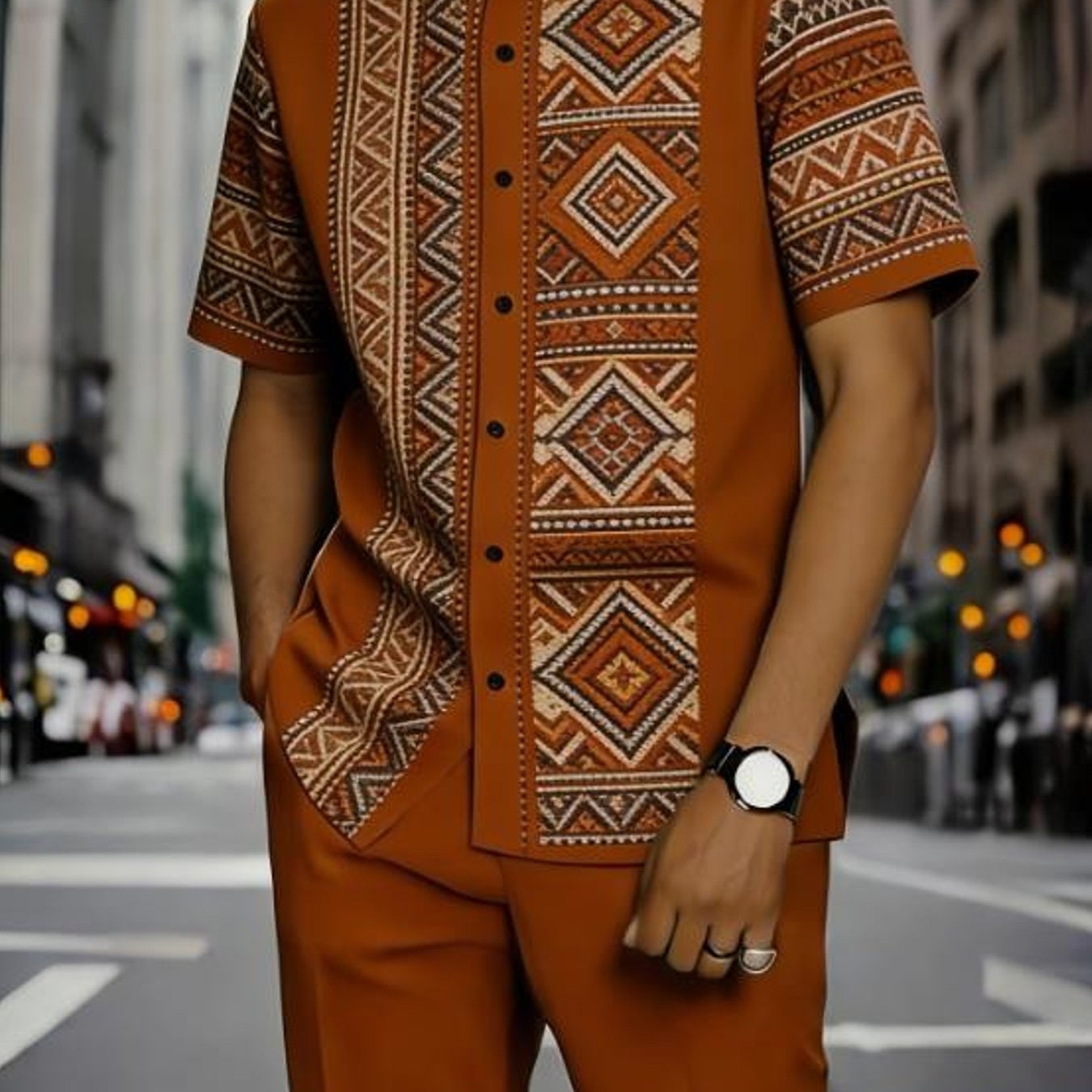 Image of Luxury Afro Modern Urban Fashion Geometric Embroidery Panel Pattern Men's Casual Outfit Short Sleeve Shirt And Pants 2pcs Set Trendy Streetwear Weekend Outfit Birthday Gift For Husband