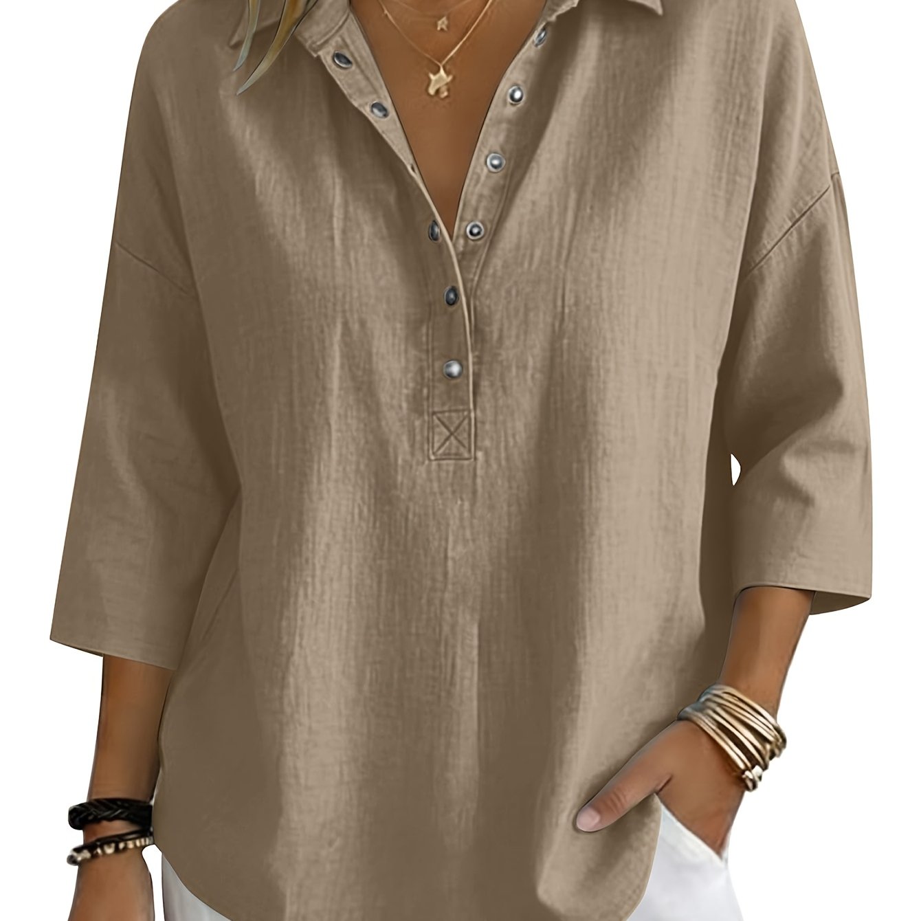 TEMU Women's Elegant Comfortable 3/4 Sleeve Top, Fashionable Button-up Basic Shirt, Loose Casual V-neck Three-quarter Sleeve T-shirt