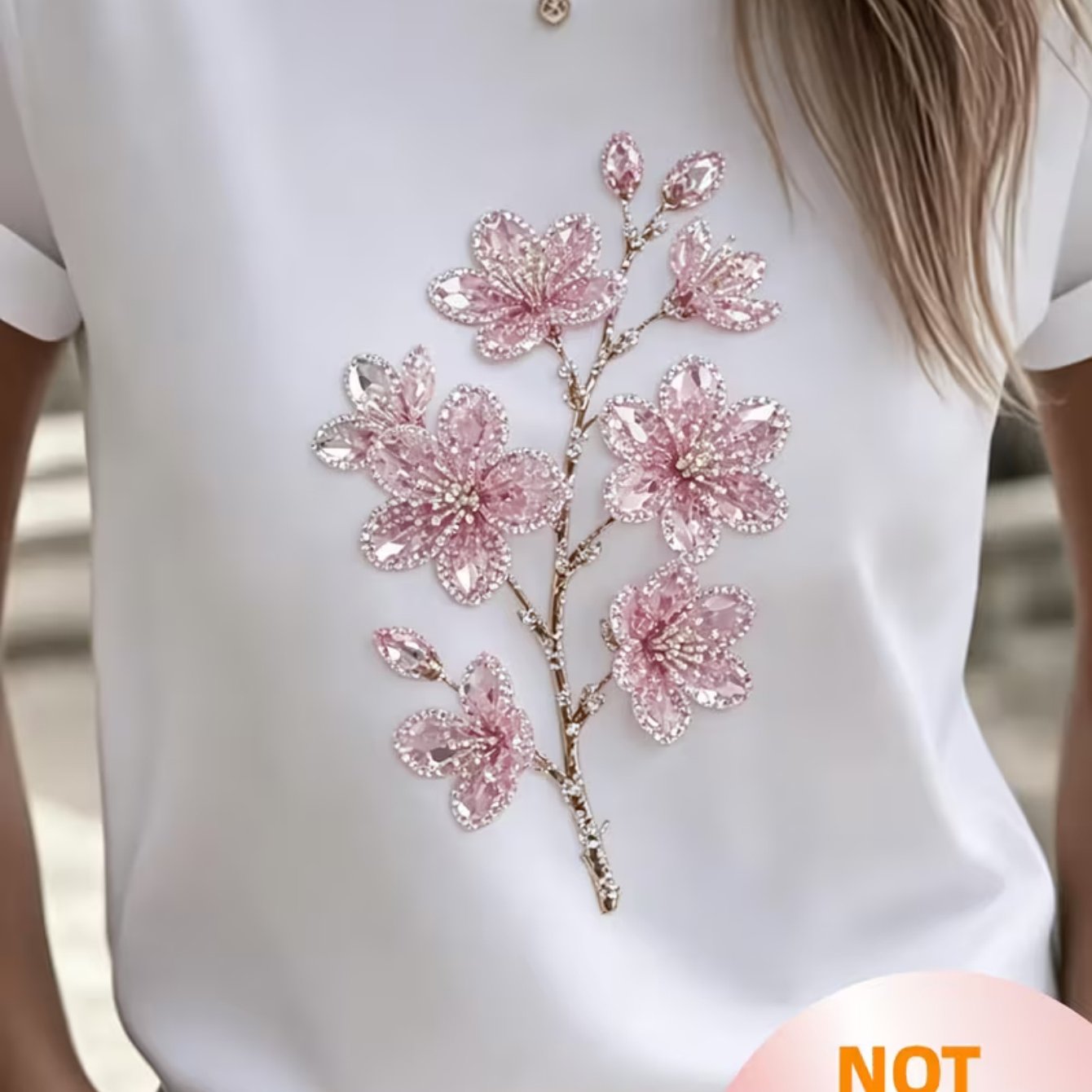 TEMU Rhinestone Effect Floral Print Women's Crew Neck T-shirt, Pink Jewel Cherry With Pattern Short Sleeve Top, Relaxed Fit Casual Blouse For Elegant