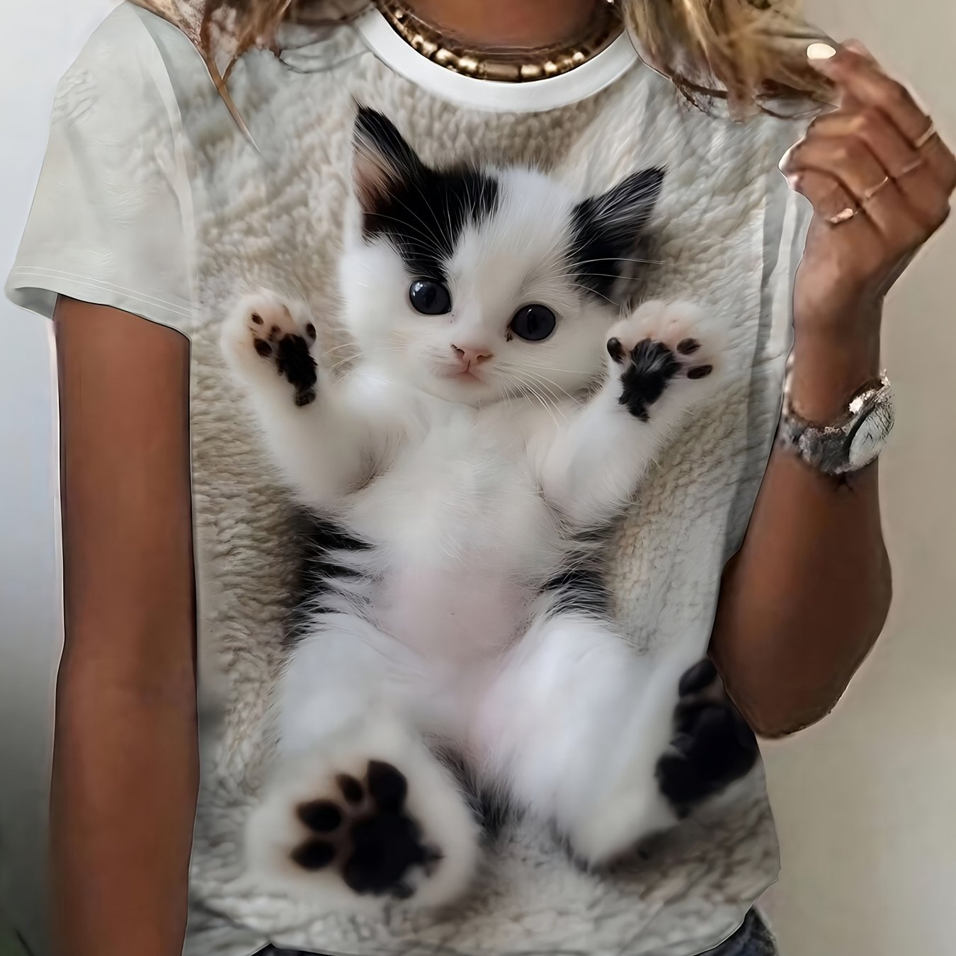 TEMU Women's Cute Kitten Printed Short Sleeve T-shirt, Realistic Cat Pattern Round Neck Top, Summer Casual Loose Style Street Short Sleeve