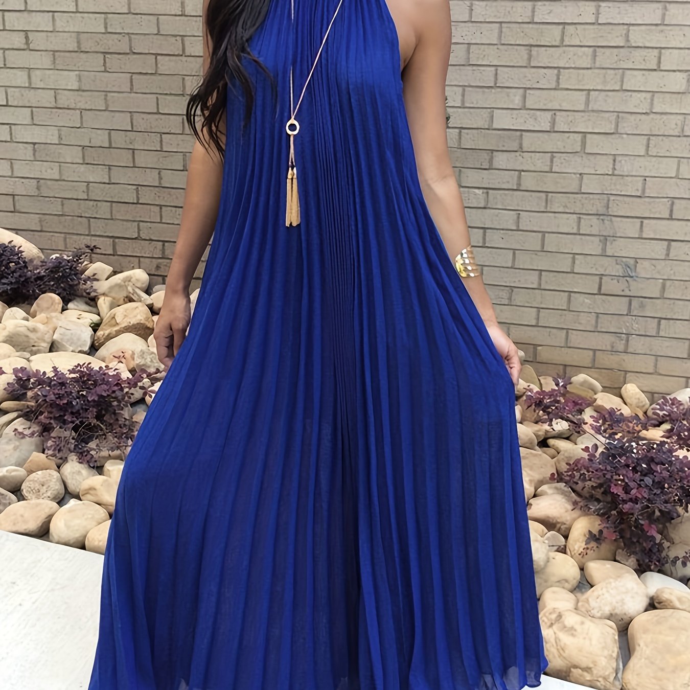 Halter Neck Pleated Maxi Dress - Polyester Blend, Solid Color Sleeveless A-line Dress With Elastane Stretch, Stylish Vacation Wear For Spring/summer/fall