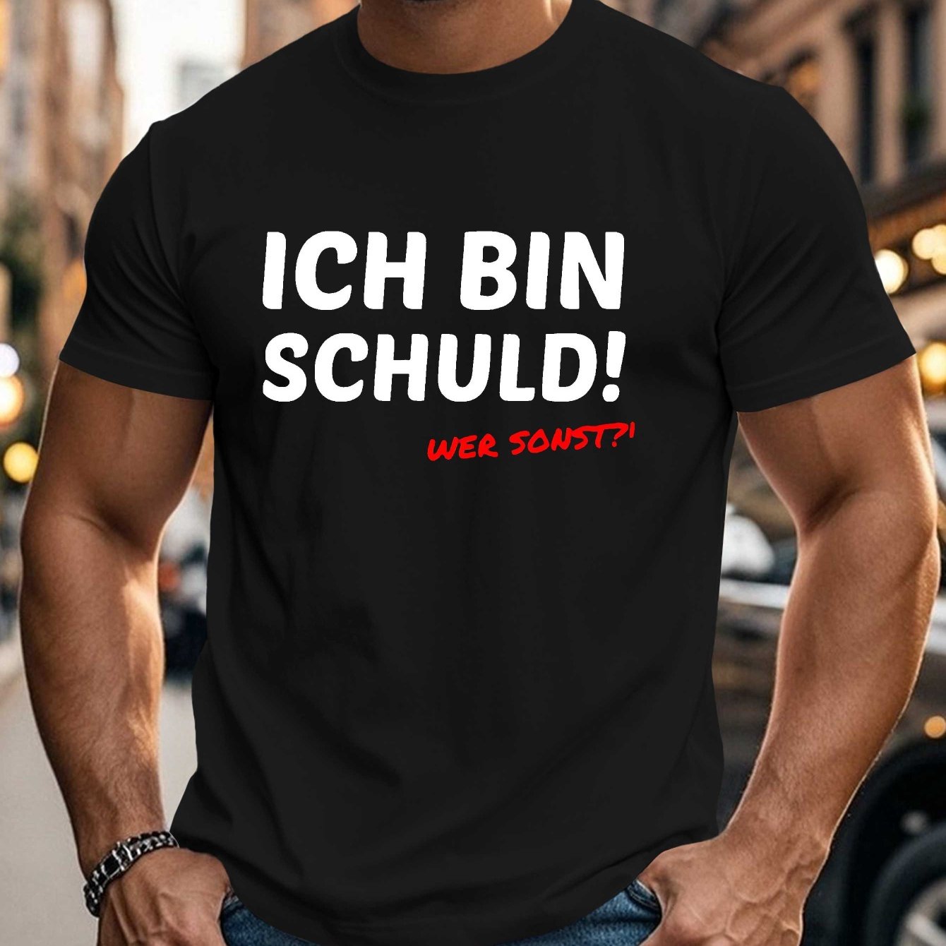 Men's Funny German T-shirt - "ich Bin Schuld! ?" ( My Fault!) German Text Print - Plus Size Loose Beige Tee With German Language Learning Gift For Men