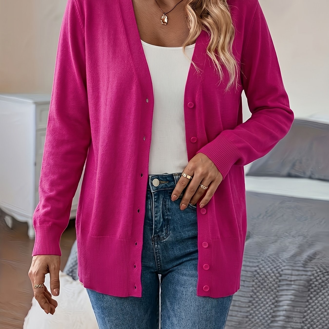 TEMU Women's Autumn Winter New Long Sleeve Cardigan, Button-design Suitable For Autumn Winter Wear, Casual Daily Wear, Commute Wear, Machine Washable