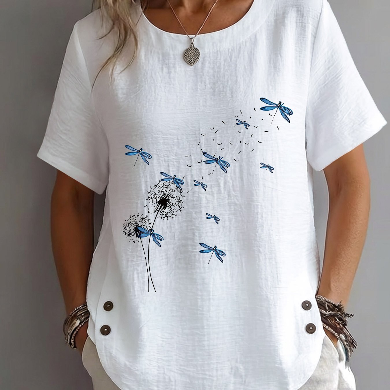 TEMU Beautiful Shirt For Women, Dandelion Dragonfly Print, Fashionable Design, Versatile, Casual And Commuting Top