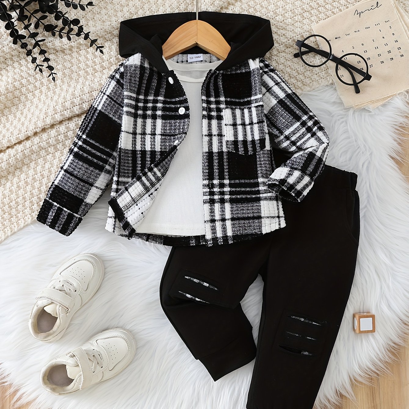 Image of Autumn Winter Outdoor ' Fashion Hooded Long Sleeve Shirt And Distressed Design Solid Color Long Pants Set, For Outdoor, Christmas, Halloween