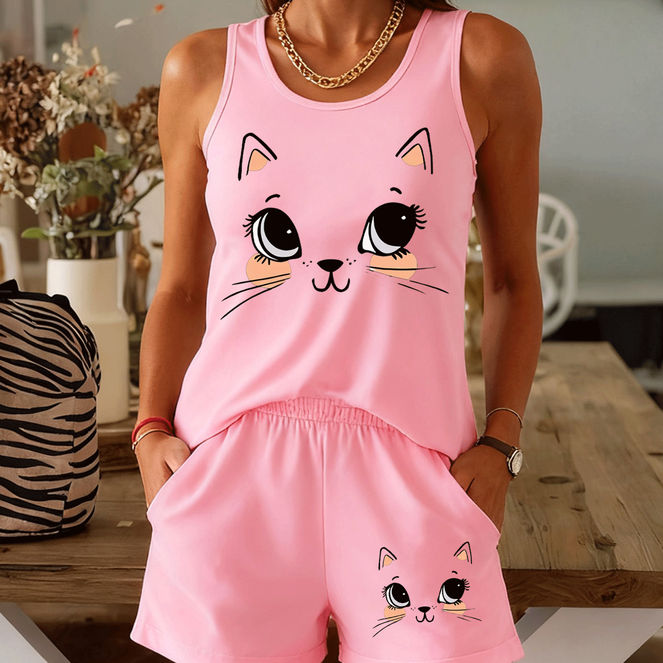 TEMU Cute Big- Cat Tank Top Two-piece Set In Colors, Sleeveless Shorts For Summer, Soft Style Outfit, Comfortable Women's Fashion Wear - Soft And