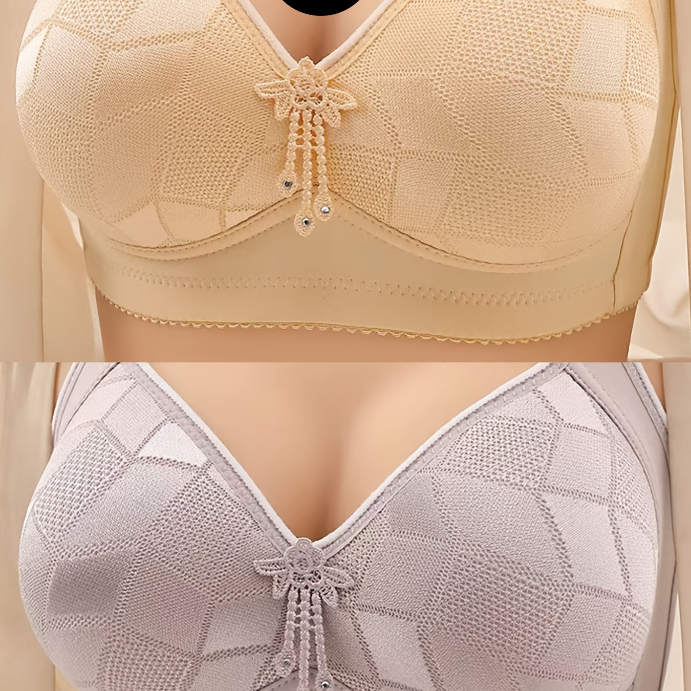 Set Of 2 Thin Fixed Cup Bras With A Beautiful , Providing Support And Preventing Sagging, Suitable For Women And Mothers, Featuring Lace Details.