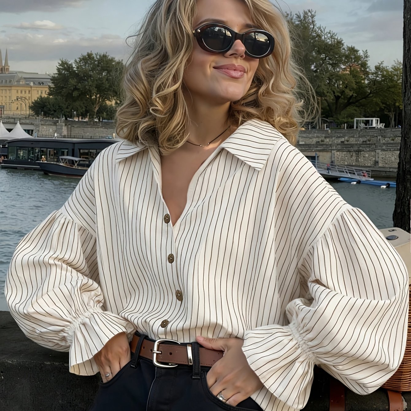 TEMU New Autumn Striped Women's Holiday Wear, Casual And Elegant For , Dates, Back-to, Pleated Ruffle Front Button-up Light Apricot Shirt, Early