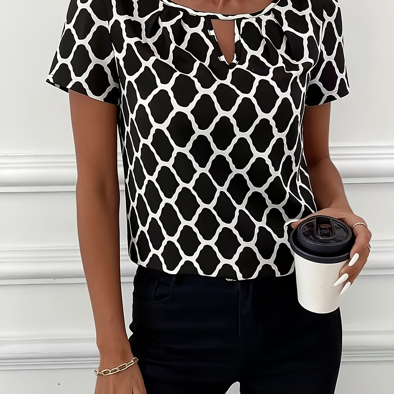 TEMU Elegant Women's Shirt With Keyhole Neckline And Cut Details | Short Sleeve, Geometric Pattern, Suitable For Spring/summer/fall, Versatile For