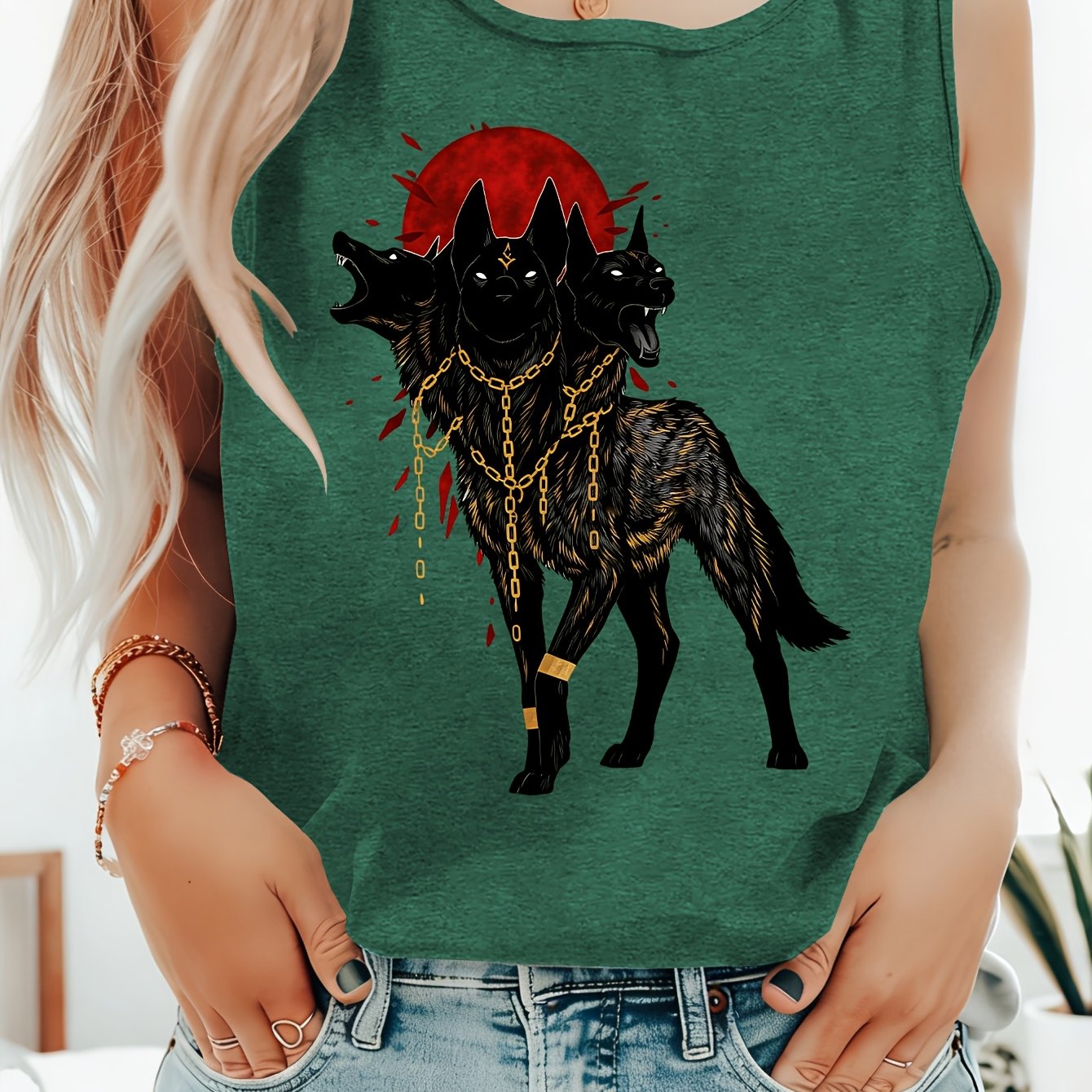 TEMU Summer Women's Clothing: Red Moon Print Crew Neck Sleeveless Tank Top, Suitable For Daily And Formal Wear, Fashionable Sporty Casual Vintage