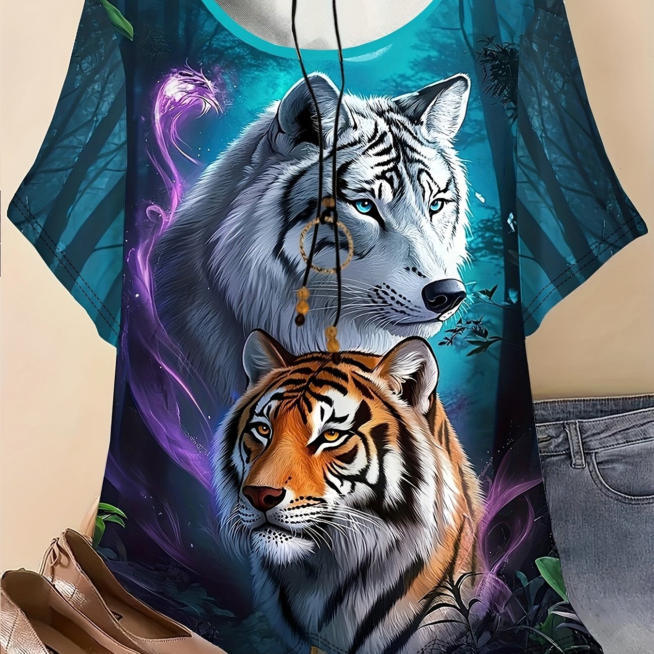 TEMU Women's Plus Size White Full-body Wolf & Tiger Print T-shirt - Round Neck Short Sleeve Casual & Sporty Blouse For Wear, Machine Washable Digital