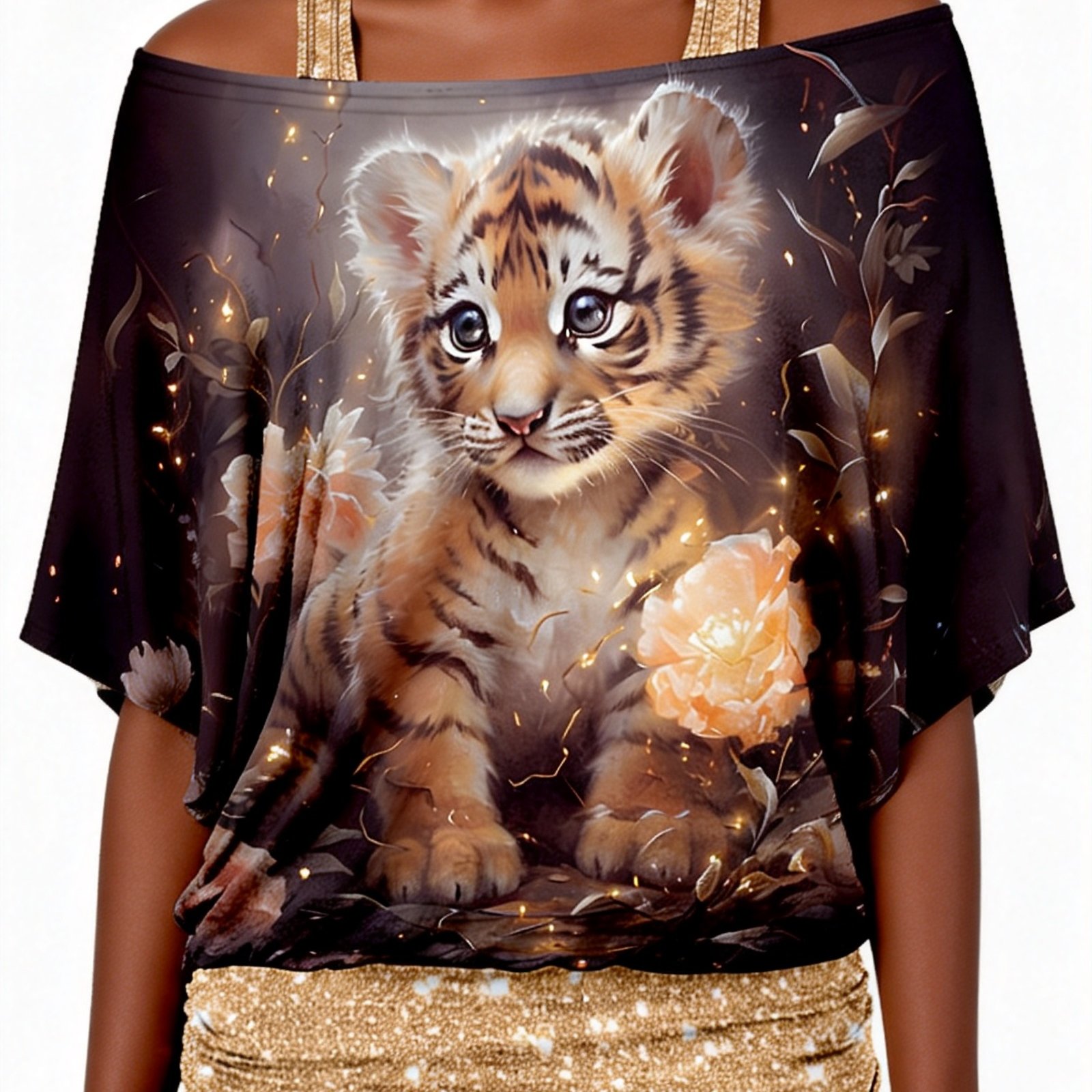 Women's Cute Art Design Printed Casual Fake Two-piece Off-shoulder Top