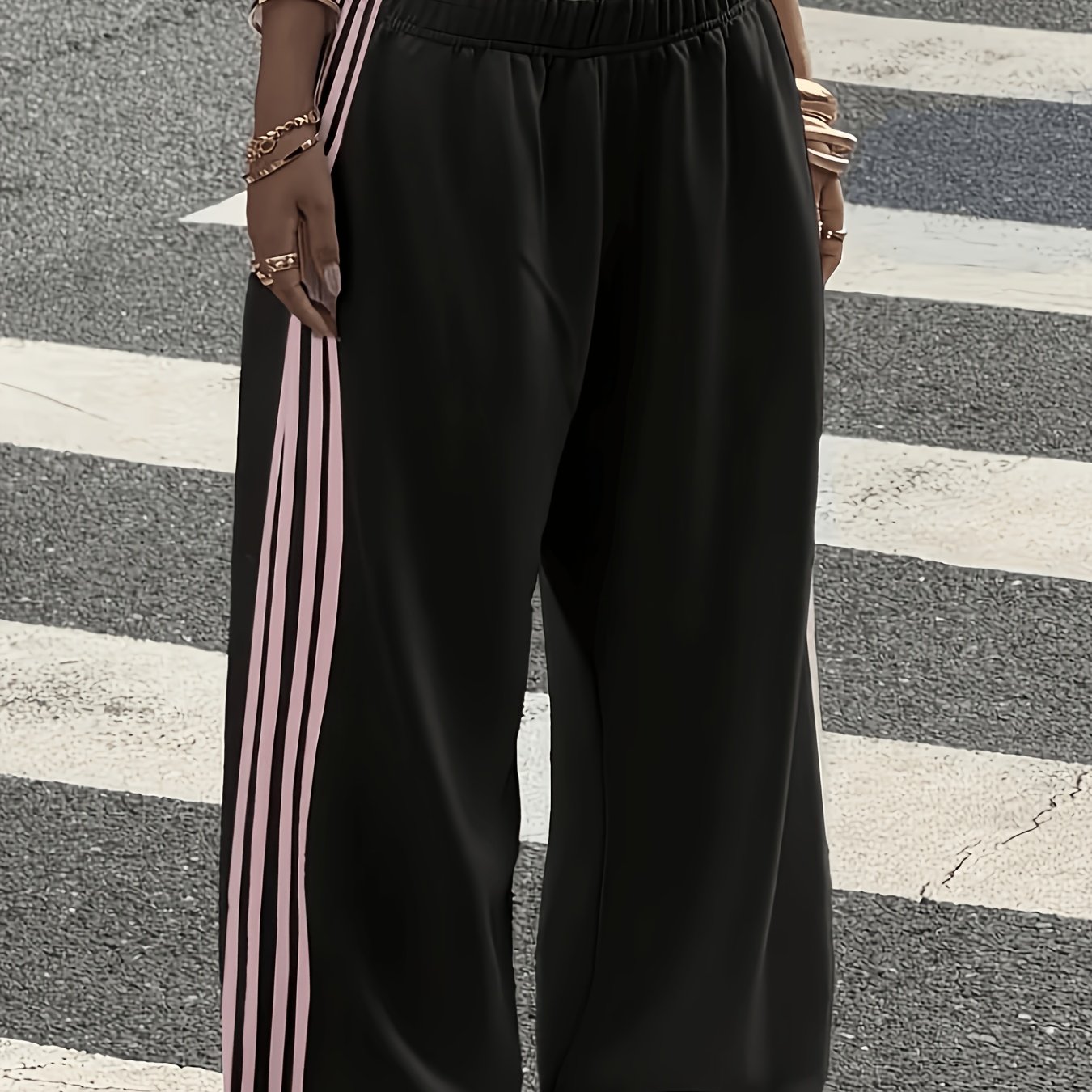 TEMU Women's Contrast Color Joggers With Geometric Print - Loose-fit Casual Pants Suitable For Back-to-/daily Wear, Spring Summer Fall Trousers,