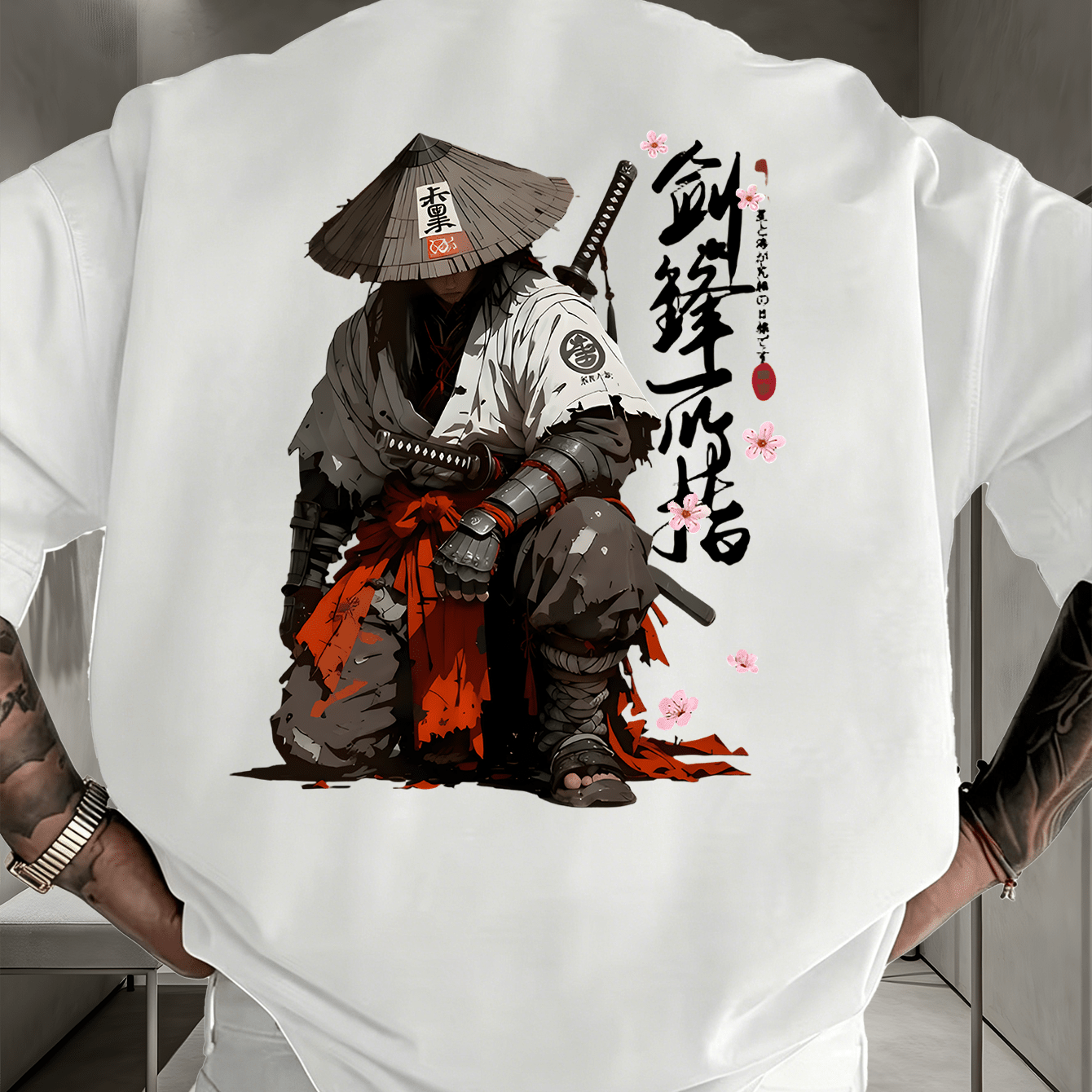 Image of A Warrior With And Japanese Calligraphy Theme Designed High Quality Cotton T Shirt Men's T-shirt Summer Casual Wear For Who Love Martial Arts And Asian