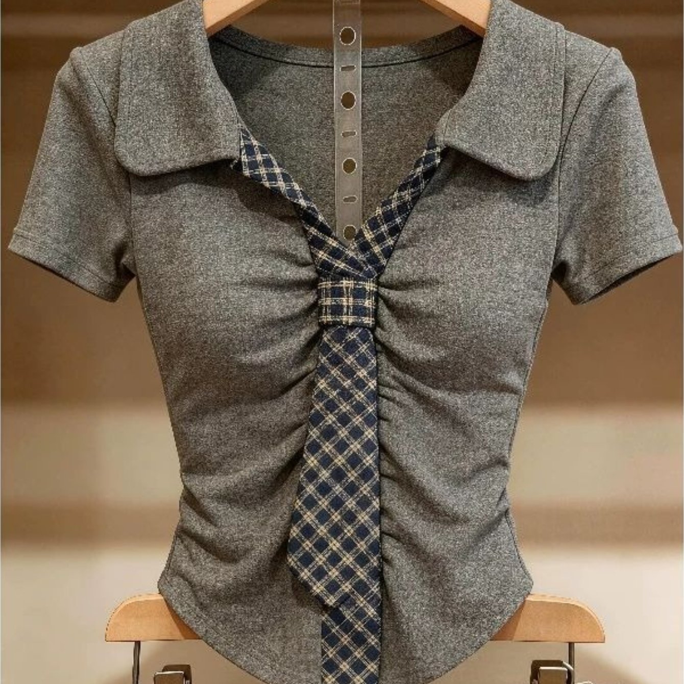 TEMU Y2k Women's Checkered Tie-neck Short-sleeve T-shirt: Flattering, Top For Everyday
