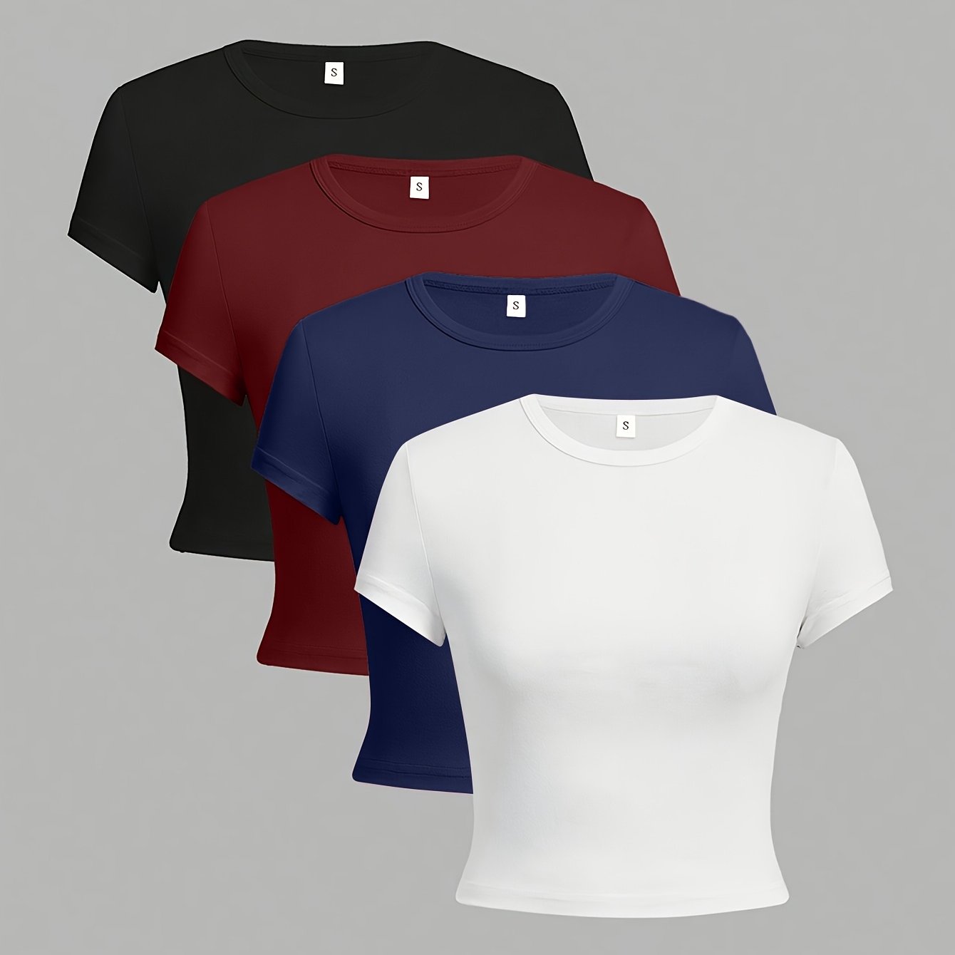 TEMU 4pcs Women's Y2k Slim-fit Short T-shirts - Short-sleeve Round Neck Base Layer, Blouses For Layering, Machine Washable Solid Color Shirts For