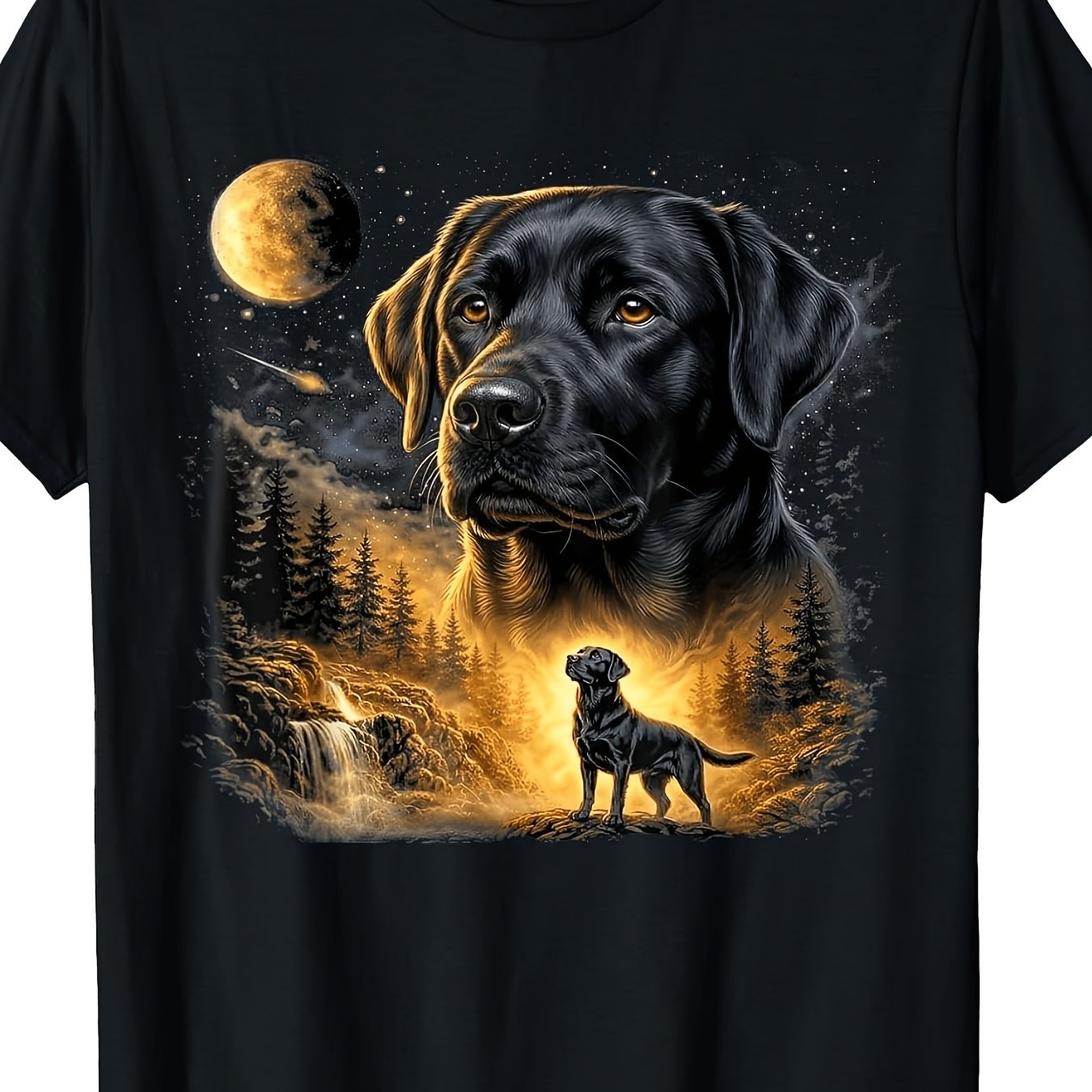 TEMU Men's Vintage Retriever At The Moon T-shirt - Quick-drying, Breathable, Crew Neck, Wrinkle-resistant, Suitable For Office, Gym, And Daily Casual