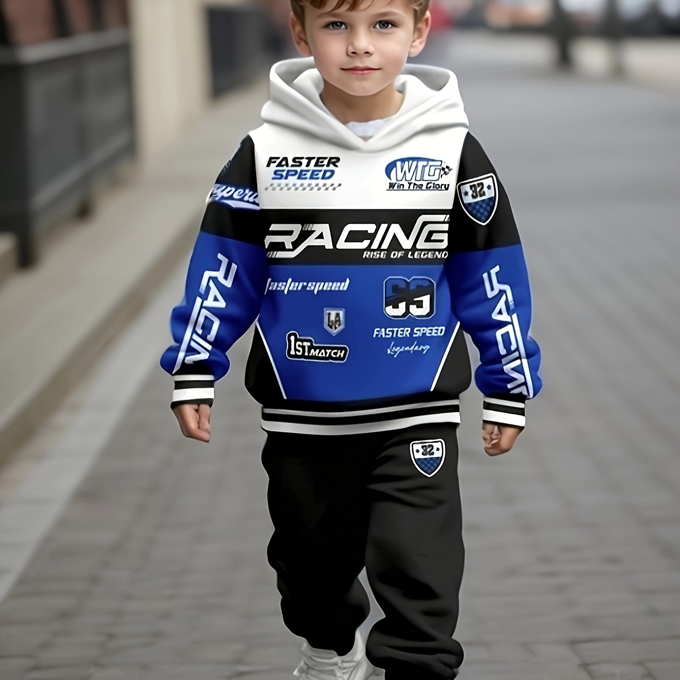 Image of 2pcs Set Of Boys' Casual Letter Hooded Sweatshirt Suits, Casual Motorcycle Print Clothing, Suitable For School Commuting And Daily Wear, Suitable For Spring And Autumn
