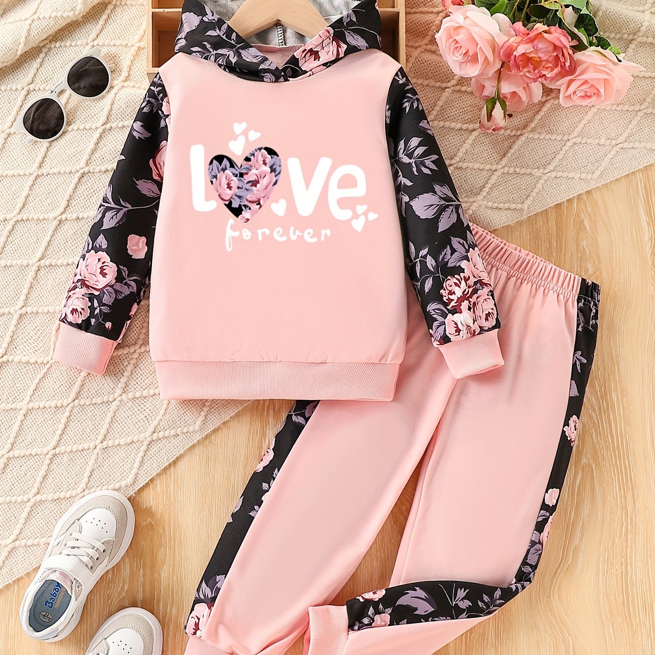 Image of 2pcs Set Girls Long Pants Suit Spring Autumn Fashion Casual Sports Floral Letter Love Print Leggings Girls Long Sleeve Hooded Sweatshirt 2pcs Set, For Outdoor, Christmas, Halloween