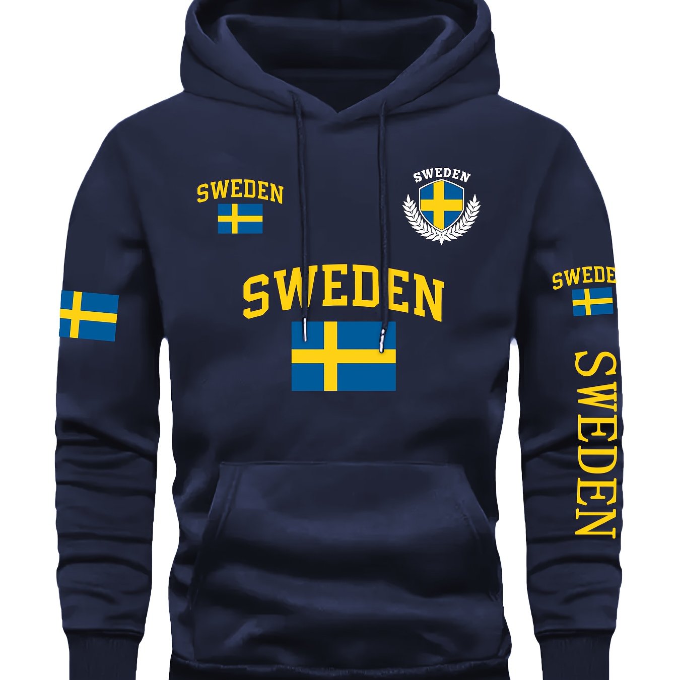 TEMU Where I Live" Swedish Flag Emblem Fashion Print Men's Trendy Hoodie Comfortable Casual Versatile Sweatshirt