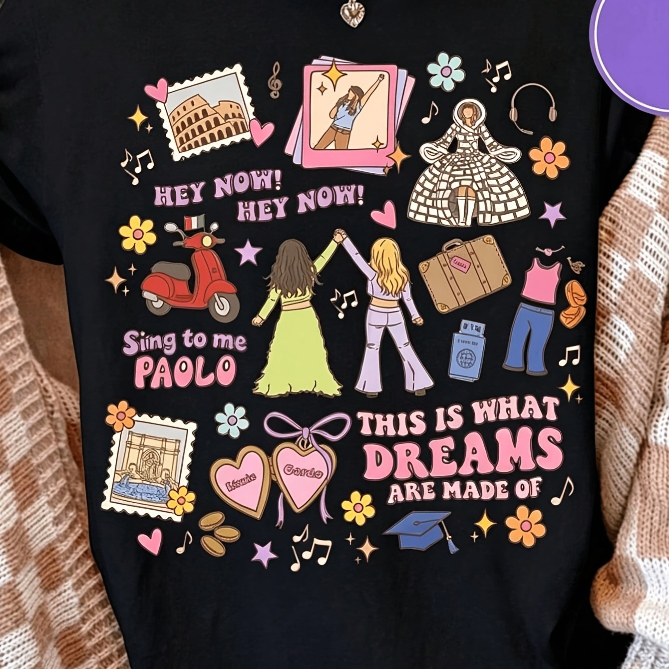 TEMU Plus Size - This Is What Are Made Of Retro Best Friend Italy Travel Doodle Collage Graphic Short Sleeve Tee Women Round Neck Cream Vaca Casual