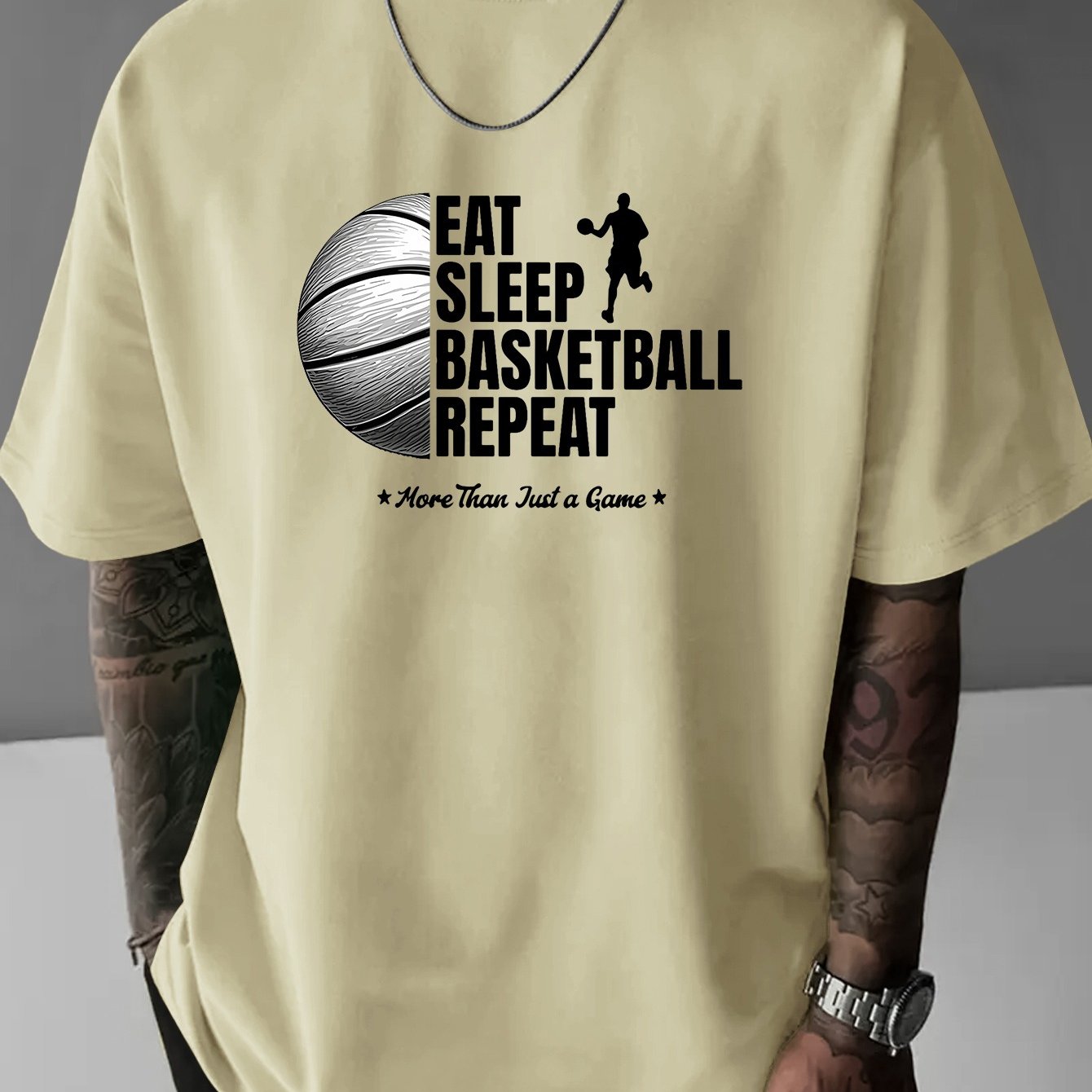 TEMU Men's Casual Basketball Graphic Tee - " Basketball Repeat" Design, Loose Fit, Short Sleeve, Comfortable & Stylish, Basketball Fans, Basketball