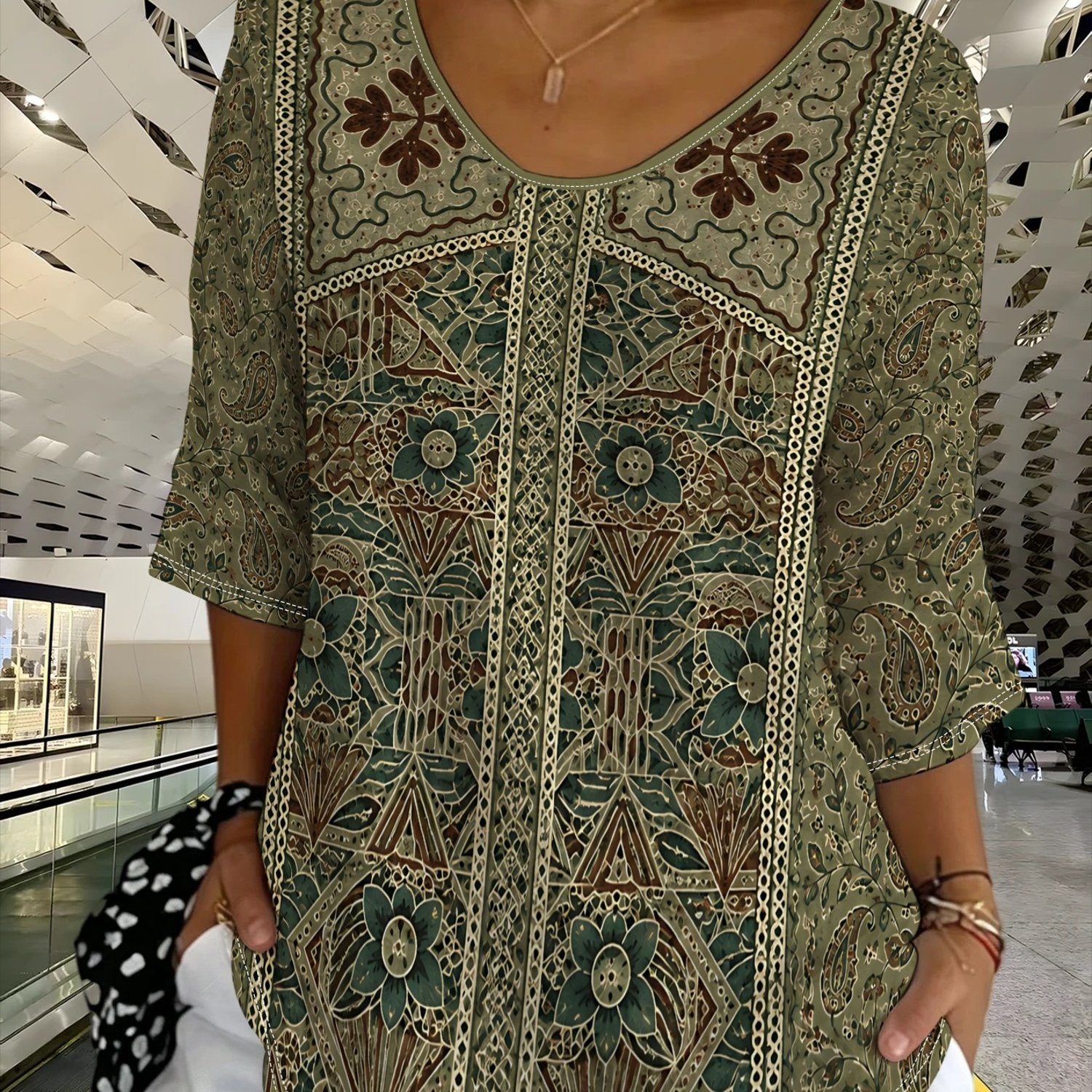TEMU Plus Size Top, Olive With Brown And Beige Paisley Print, Casual Versatile Outing Wear Top