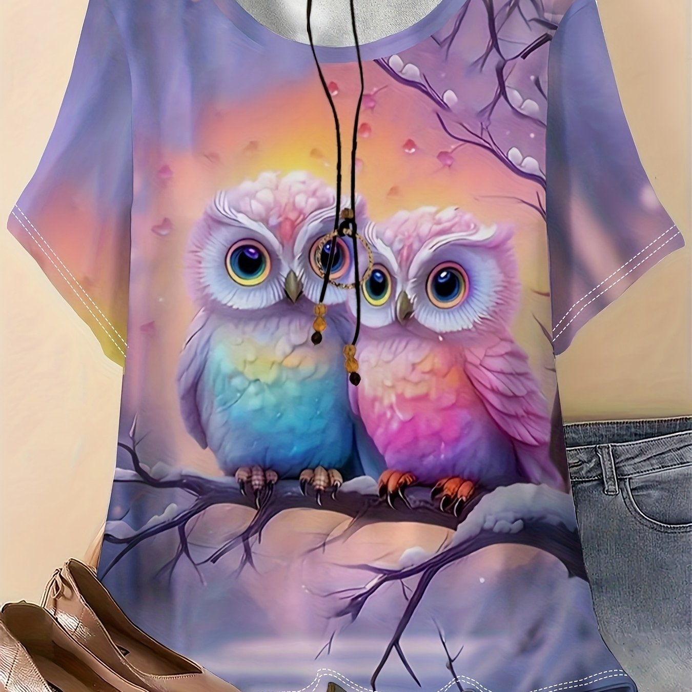 Image of Plus Size - 0xl-9xl Plus Size Women's 2d Floral And Owl Print T-shirt - Elastic Round Neck Short Sleeve Summer Top, Machine Washable, Casual And Elegant For Outdoor Wear