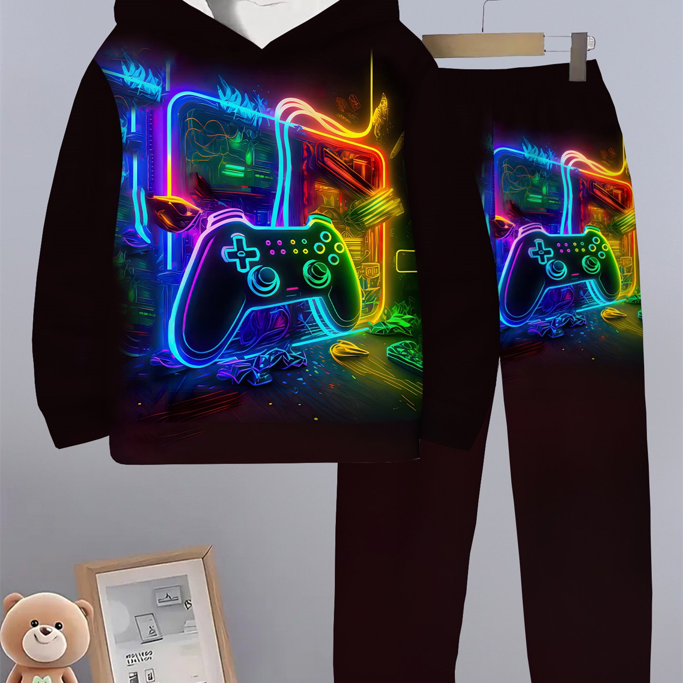 Image of Handheld Hoodie Clothing Set 3d Colorful Game Controller Print Long Sleeve Autumn Winter Pullover Sweater Set Boys , For Outdoor