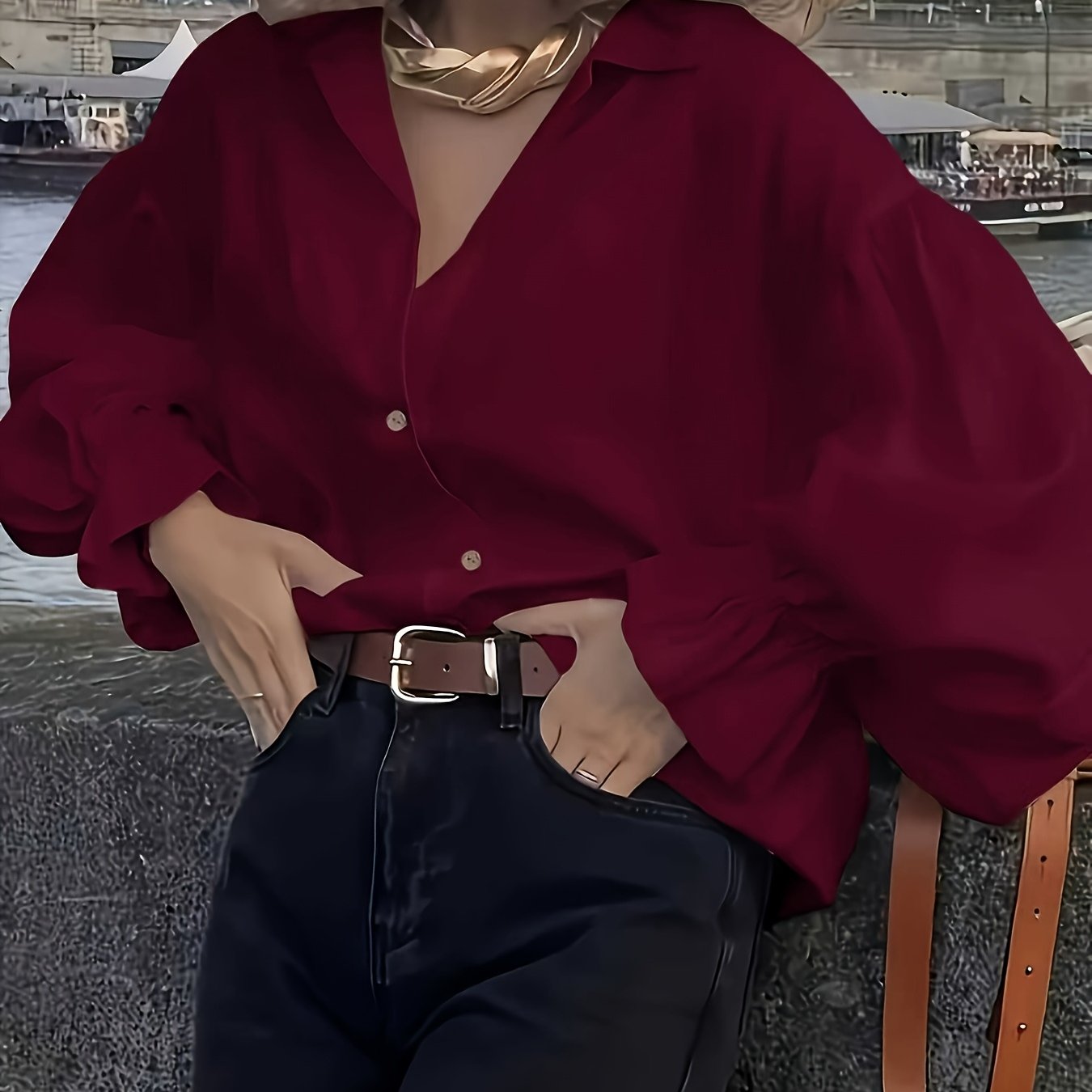 TEMU Chemise décontractée pour femmes, couleur unie, coupe H, manches évasées élégantes , pour un look décontracté et des vêtements pour femmes,