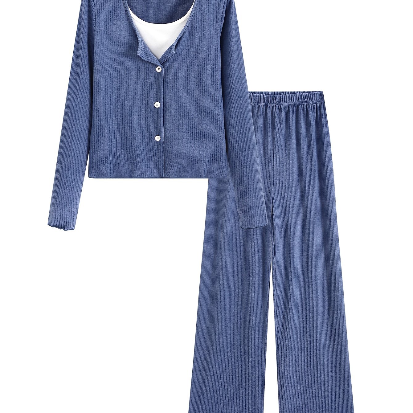 TEMU Women's Autumn Round Neck Ribbed 2-in-1 Look Casual Pajama Set, Fashionable Loungewear And Sleepwear
