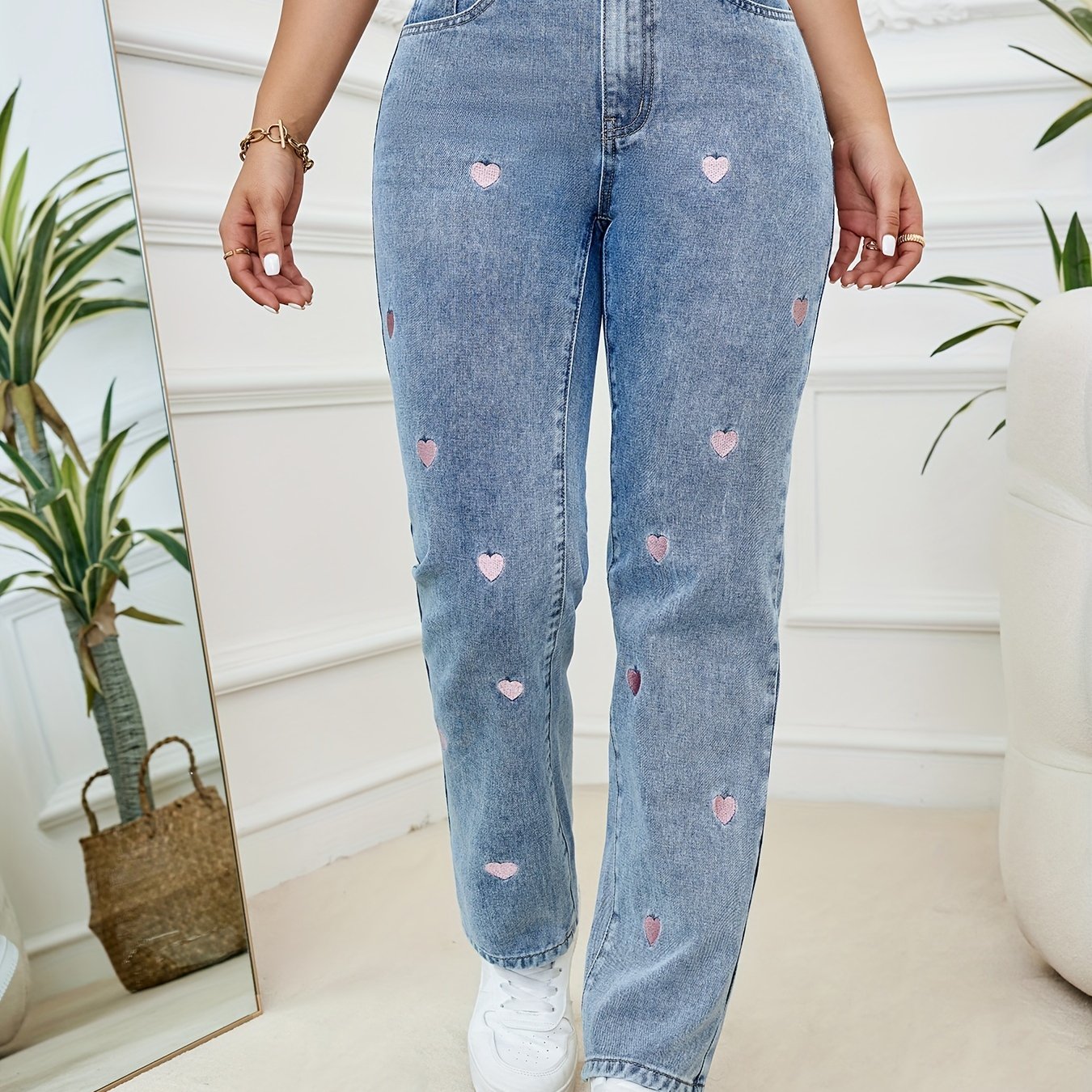 TEMU Heart Embroidery Cute Jeans, Button Closure Denim Pants, Women's Denim Jeans & Clothing