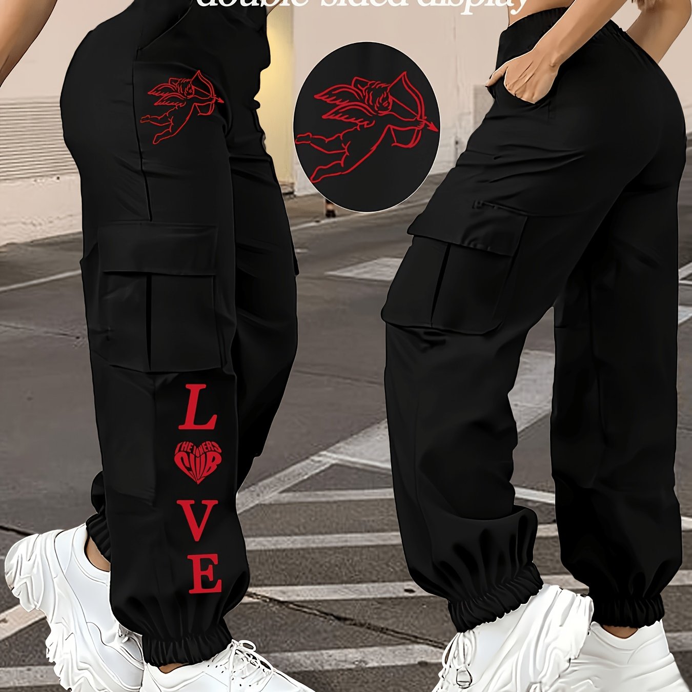 TEMU Joggers Cargo Tendance Femme Ange et Imprimé Lettre Cœur LOVE, Coupe et Large Jambe, Pantalon Cargo de Rue Respirant avec Grands Poches