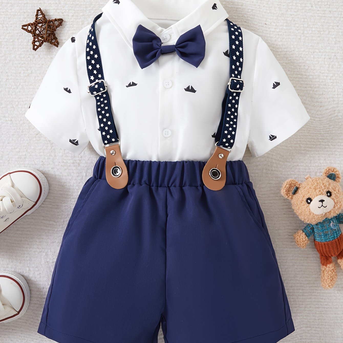 Image of Boys' Gentleman Tuxedo Print Bow Tie Short Sleeve Shirt And Suspenders Shorts Party Suit 2pcs Set, Fall And Winter Clothes