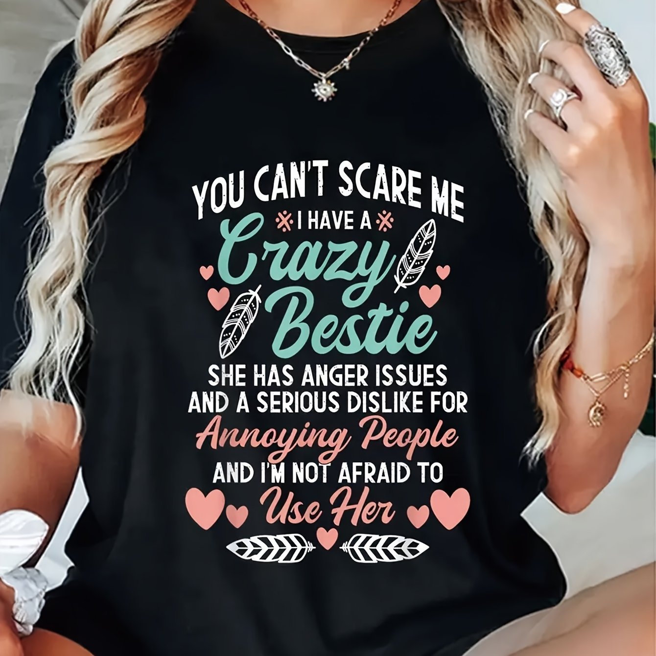 TEMU Soft And Breathable T-shirt With "you Scare Me, I Have A Crazy Bestie" Design - For And Parents
