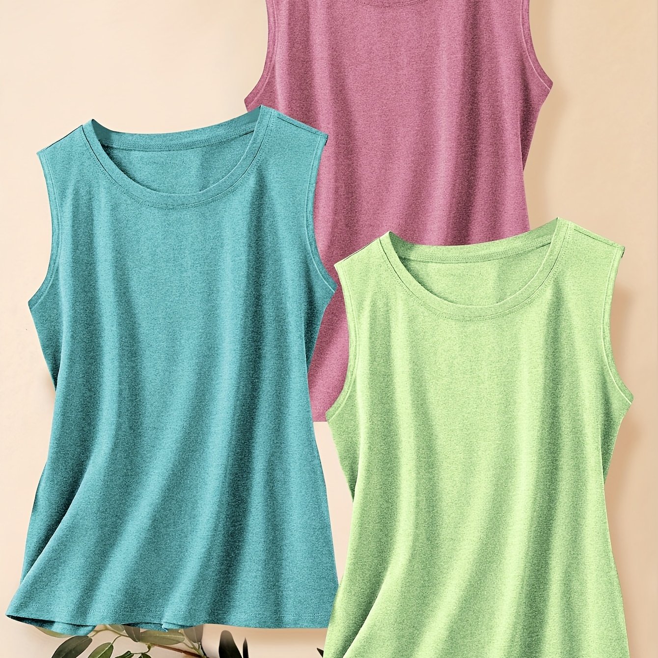 TEMU Three-piece Set Of Solid Color Vintage Style Women's Casual Sporty Round Neck Tank Tops