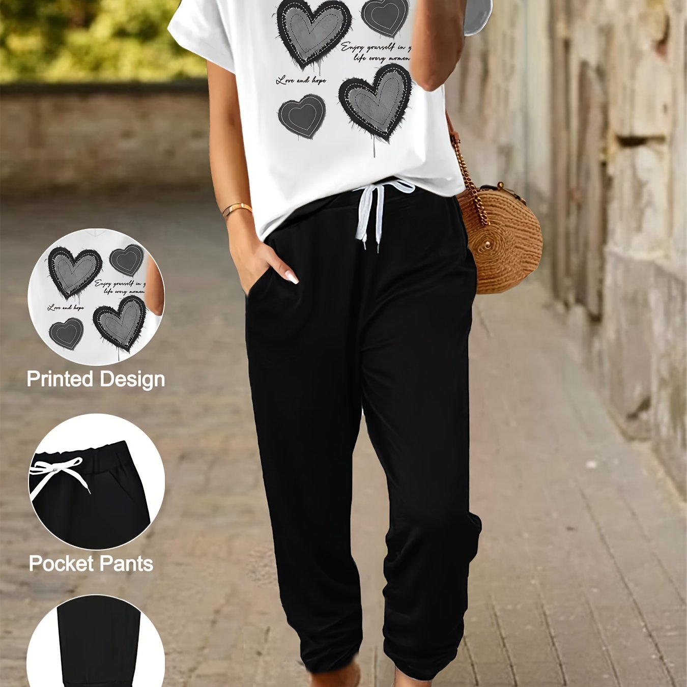 E-shop Plus Size - Plus Size - Plus Size Mode 2-teiliges Set - V-Ausschnitt Fledermausärmel Top mit Herz- und Buchstaben-Print und Hosentaschen -