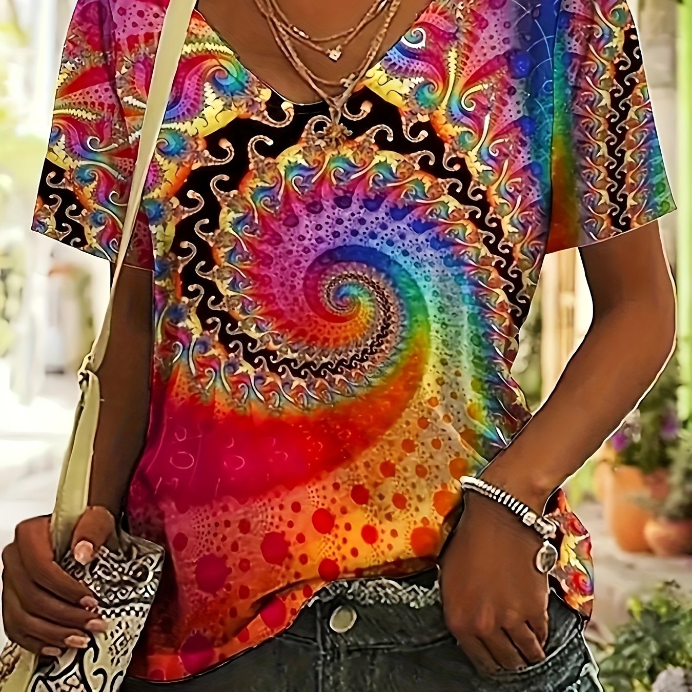 Plus Size, Colorful Pattern Summer Short Sleeve V-neck T-shirt Plus Size Women's Top