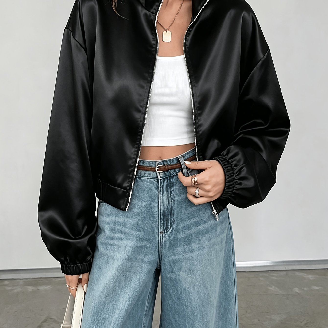 TEMU Chaqueta de satén para mujer, elegante, casual, , con cremallera